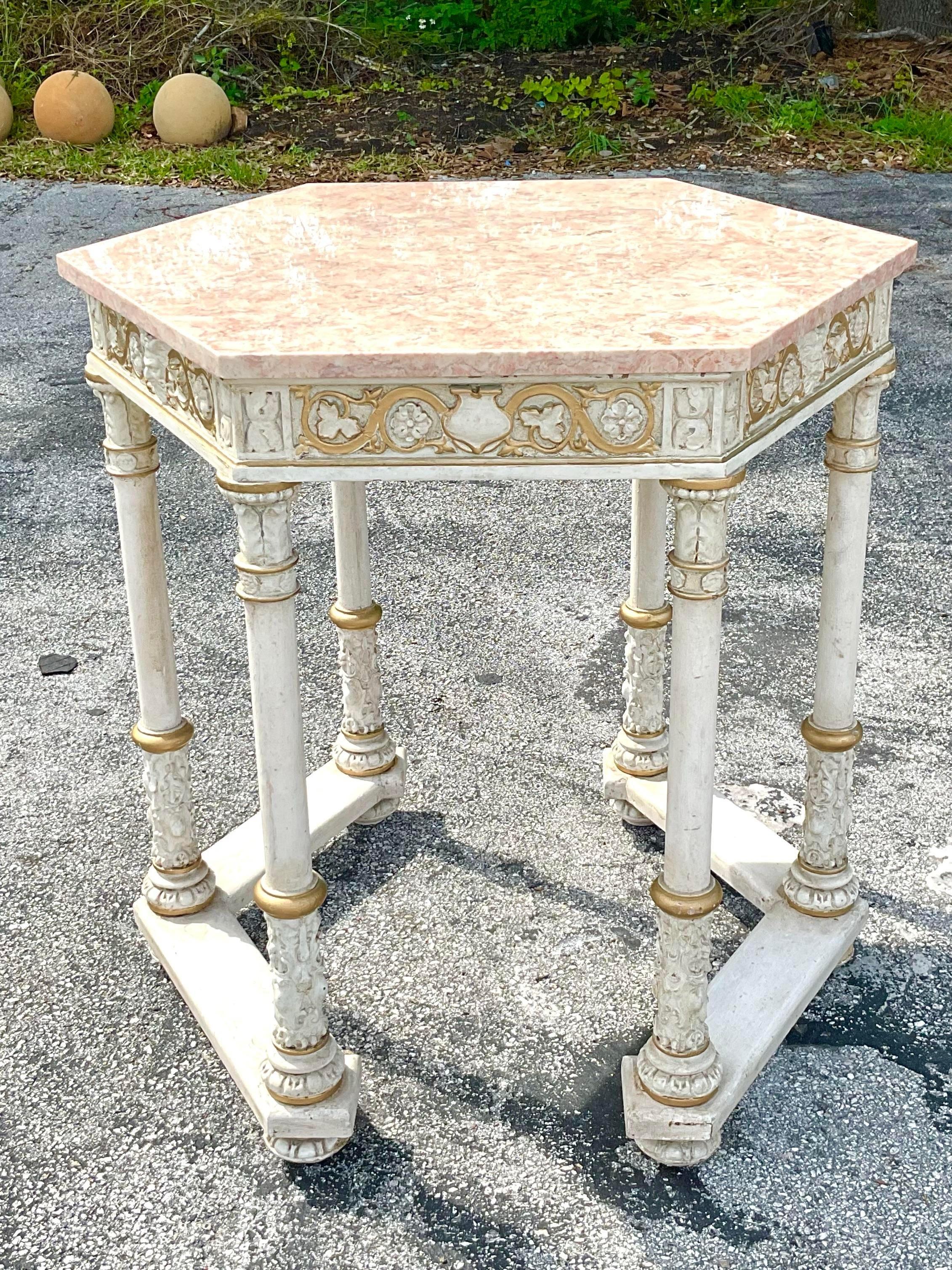 Early 20th Century Marble Top Gilt Painted Hexagon Center Table For Sale 4
