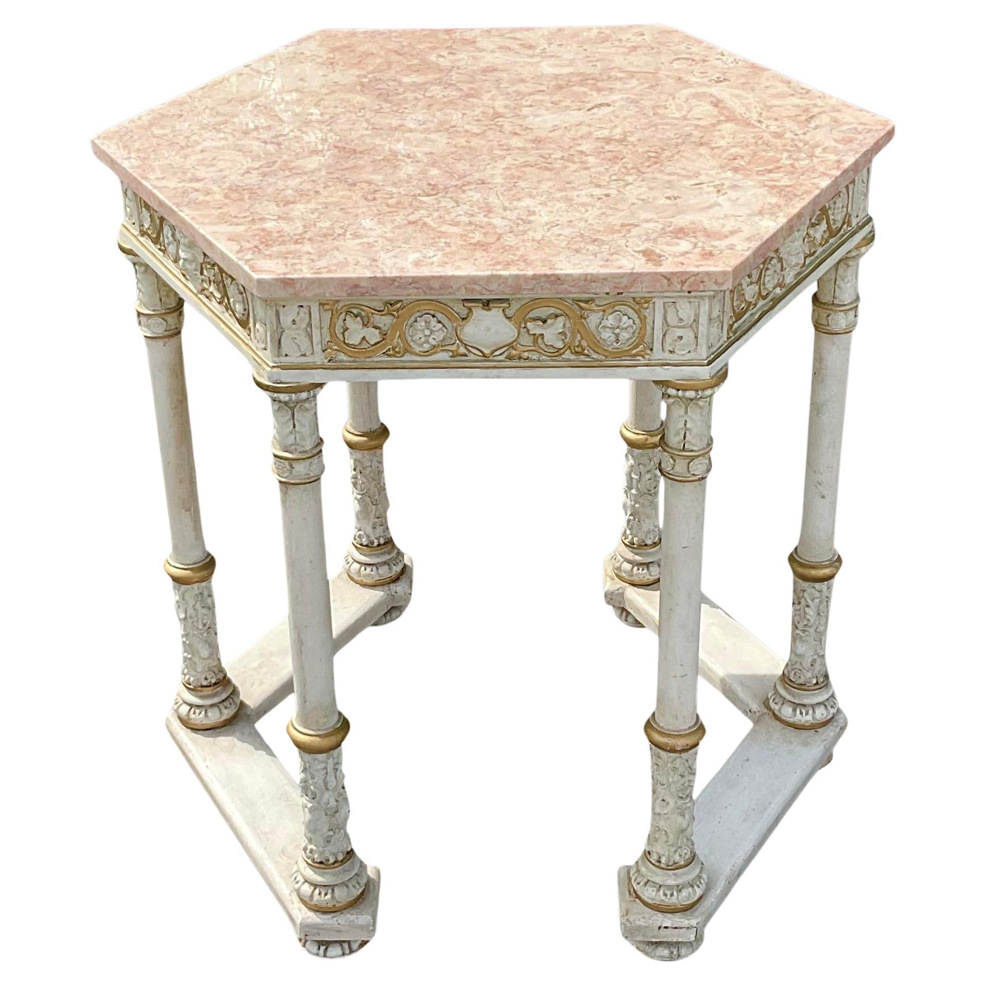 Early 20th Century Marble Top Gilt Painted Hexagon Center Table For Sale