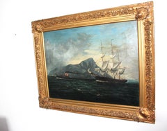 Óleo marítimo de principios del siglo XX de un barco americano frente a GIBRALTAR