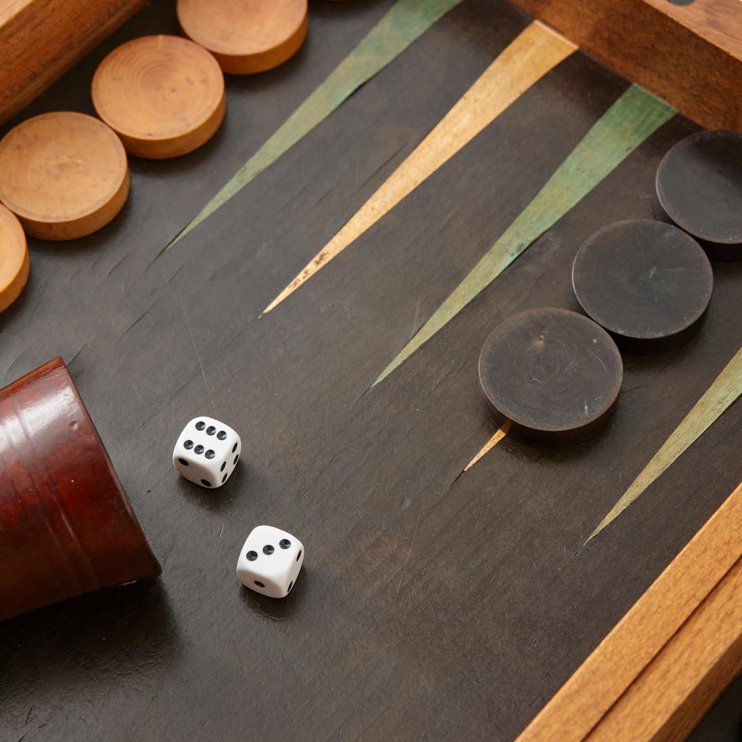 Wood Early 20th Century Marquetry Backgammon and Chess Set