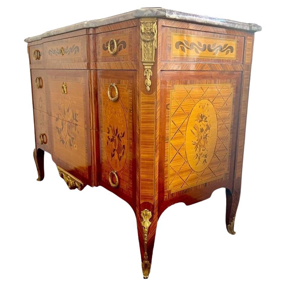 Commode en marqueterie du début du 20e siècle avec dessus en marbre de la Maison Rinck