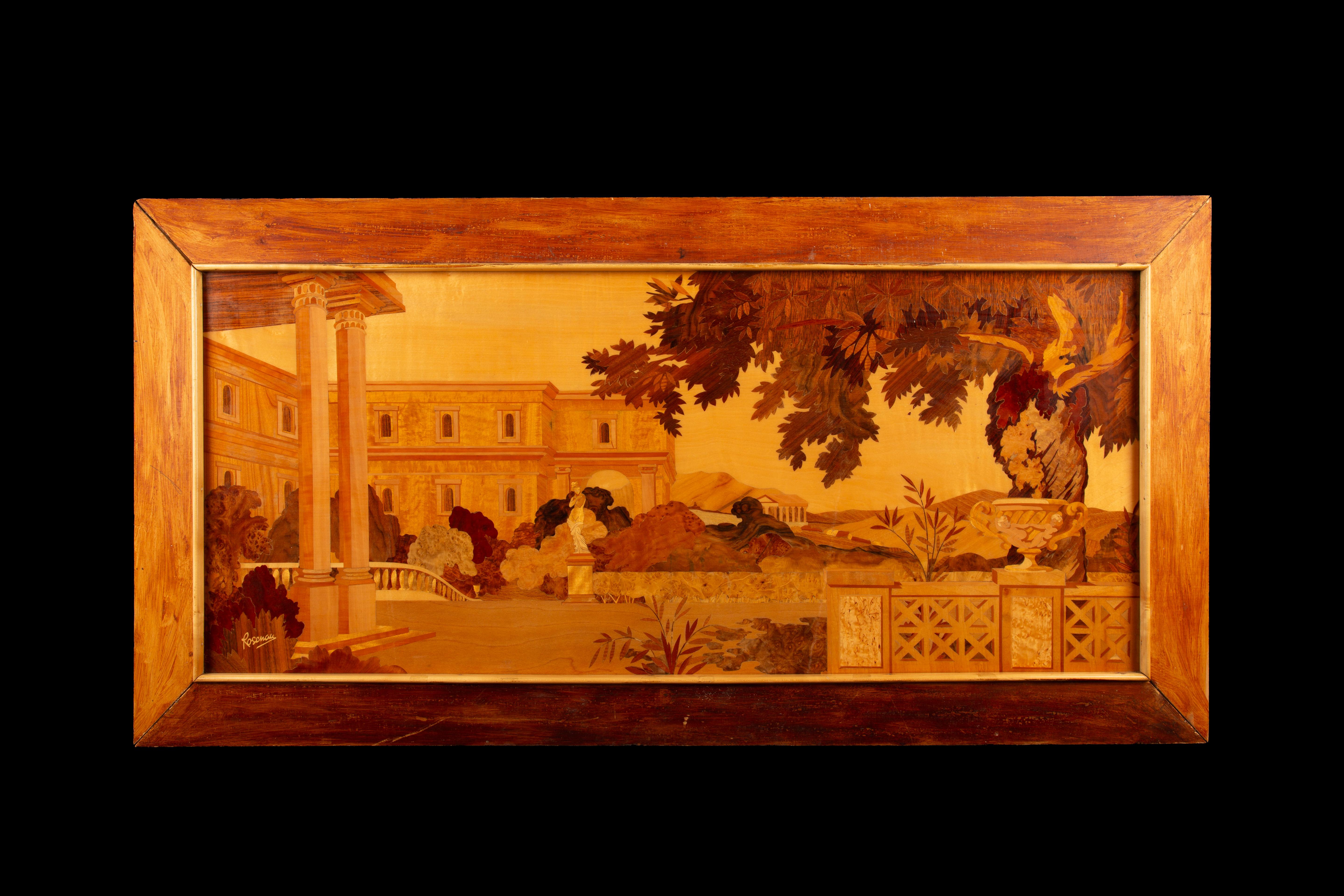 This early 20th century marquetry panel by Pierre Rosenau portrays a captivating classical scene of a terrace and garden set against the backdrop of an ancient temple. This exquisite artwork showcases Rosenau's mastery of the marquetry technique,