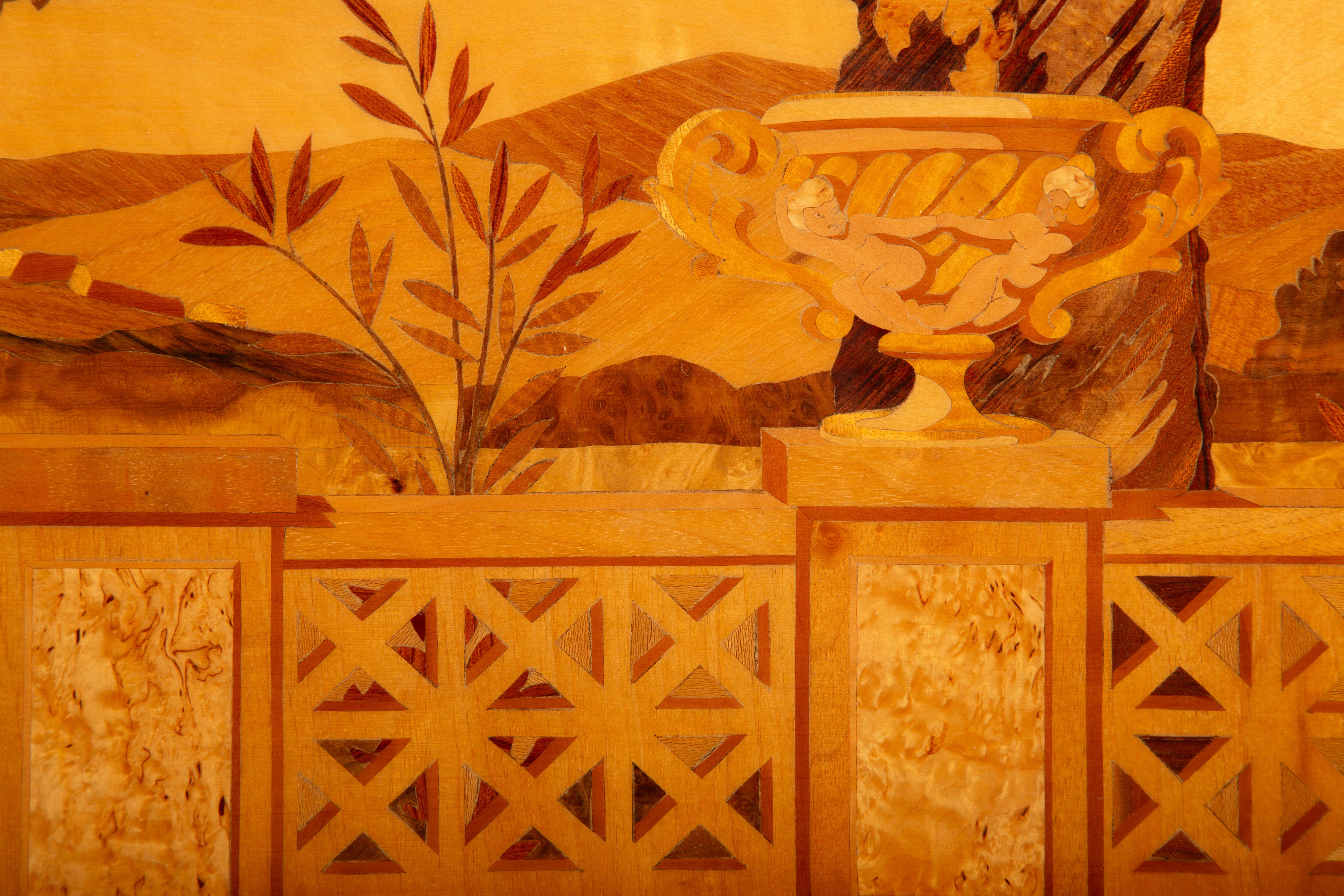 French Early 20th Century Marquetry Panel of a Terrace Scene by Pierre Rosenau For Sale