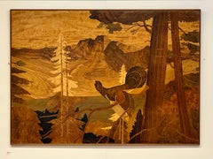 Early 20th-Century Marquetry Wall Hanging with Forest Landscape and Bird Motif