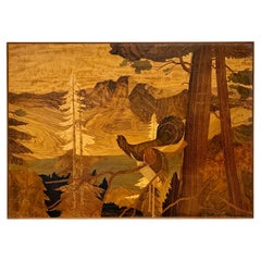 Early 20th-Century Marquetry Wall Hanging with Forest Landscape and Bird Motif