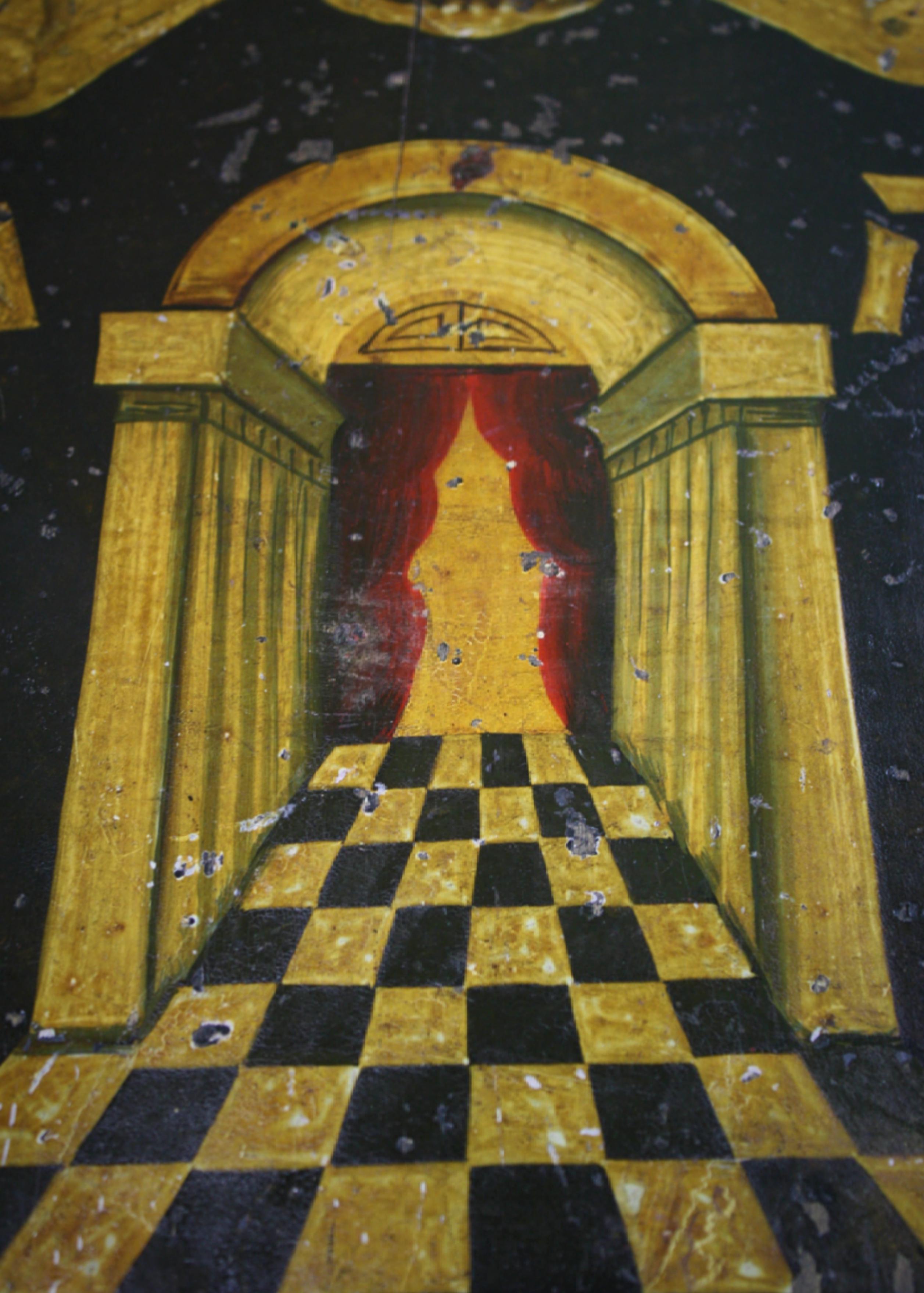Hand-Painted Early 20th Century Masonic Freemasons Tracing Board Coffin Oil on Panel