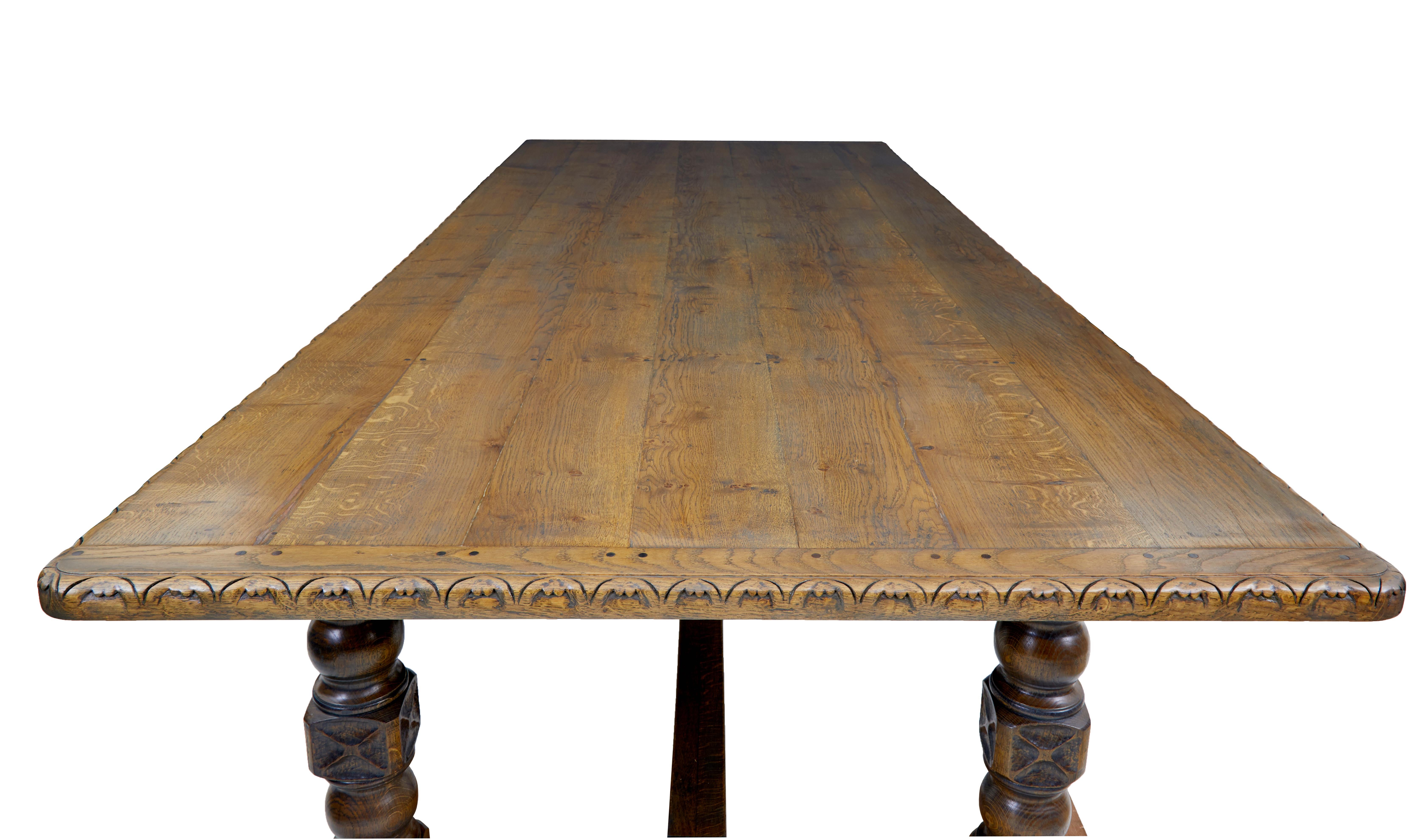 Carved Early 20th Century Massive English Oak Stamped Dining Table