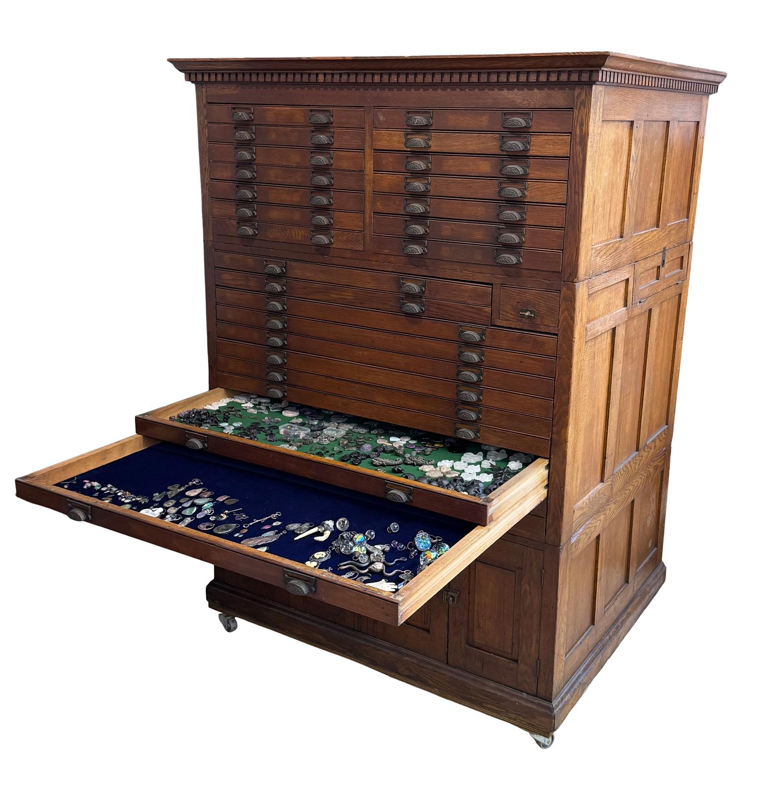 Massive solid oak early 20th century wood printers type set with iron handles. Made by the Fred Macey company. can be split up in three different sections also comes with hidden side trap door as seen very rare and unique piece with all original