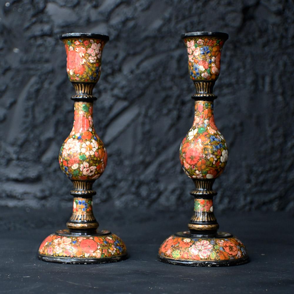 Hand-Crafted Early-20th Century Matched Pair of Kashmiri candle sticks 