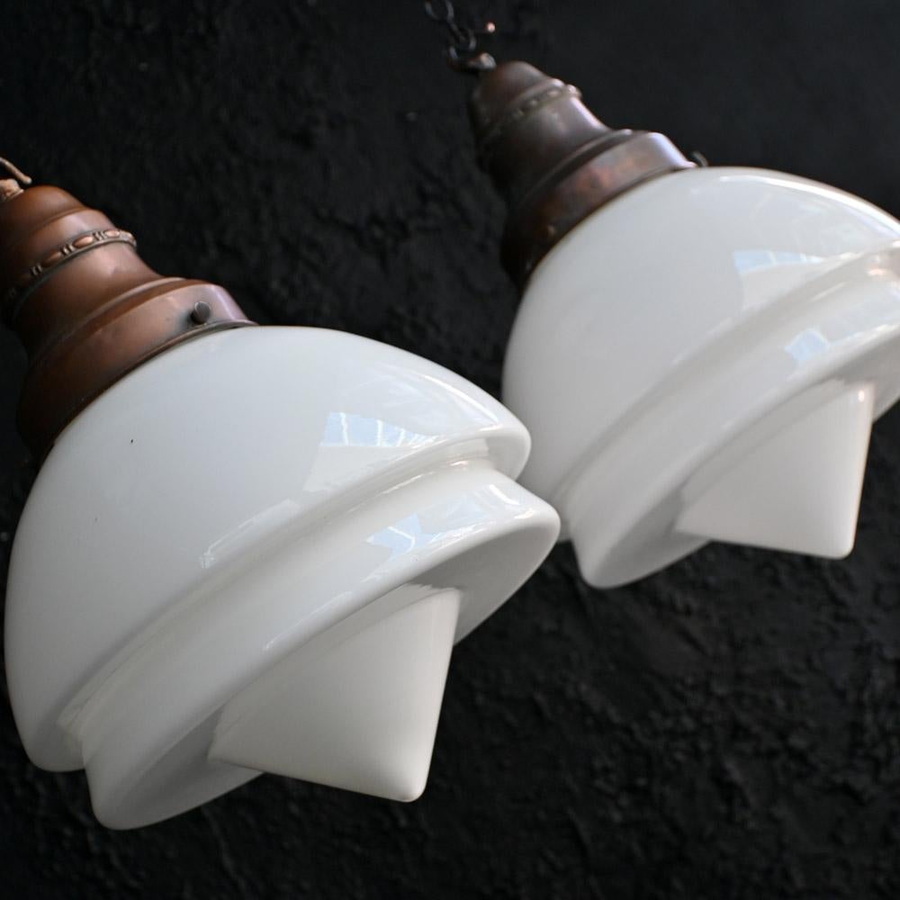 Early 20th Century Matched Pair of Milk Glass Art Deco Light Pendants  In Good Condition In London, GB