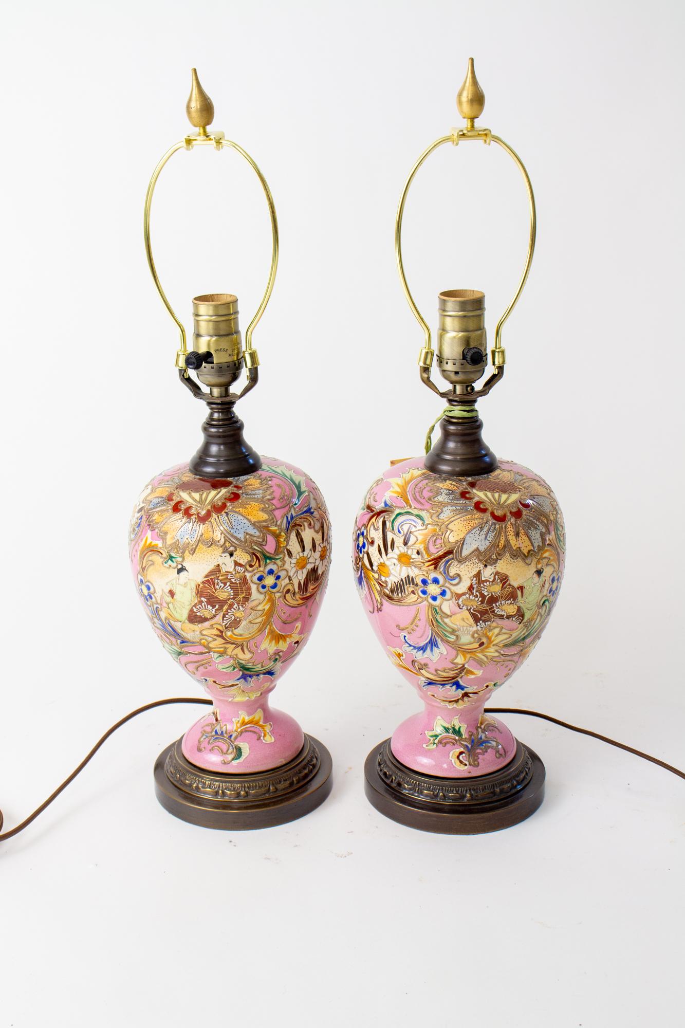 Japonisme Early 20th Century Maximalist Pink Satsuma Table Lamps - a Pair For Sale