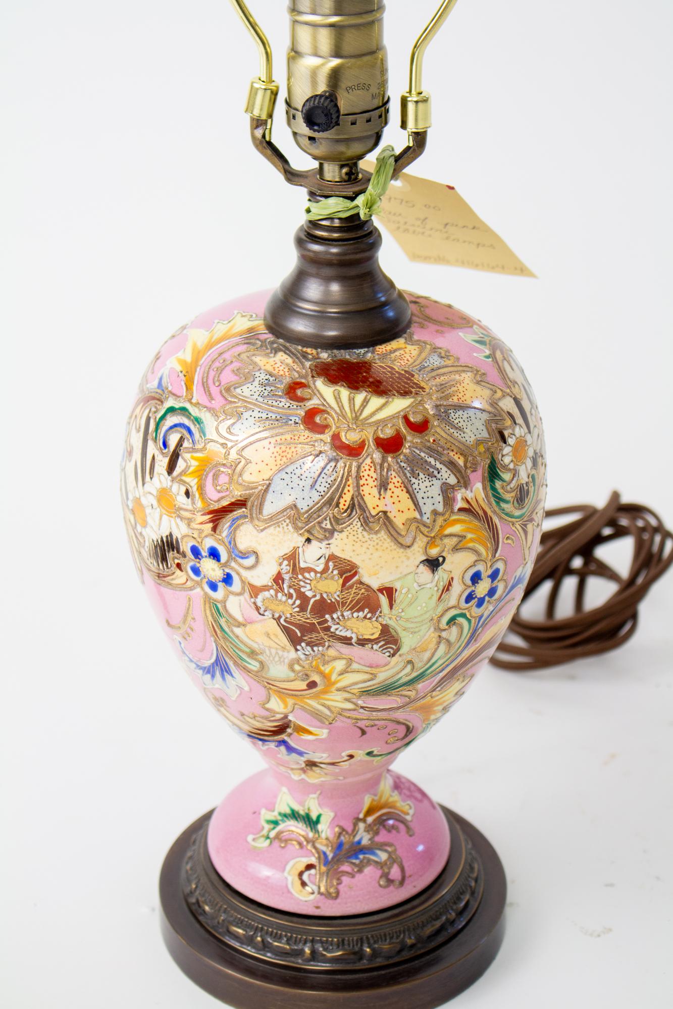 Early 20th Century Maximalist Pink Satsuma Table Lamps - a Pair In Good Condition For Sale In Canton, MA