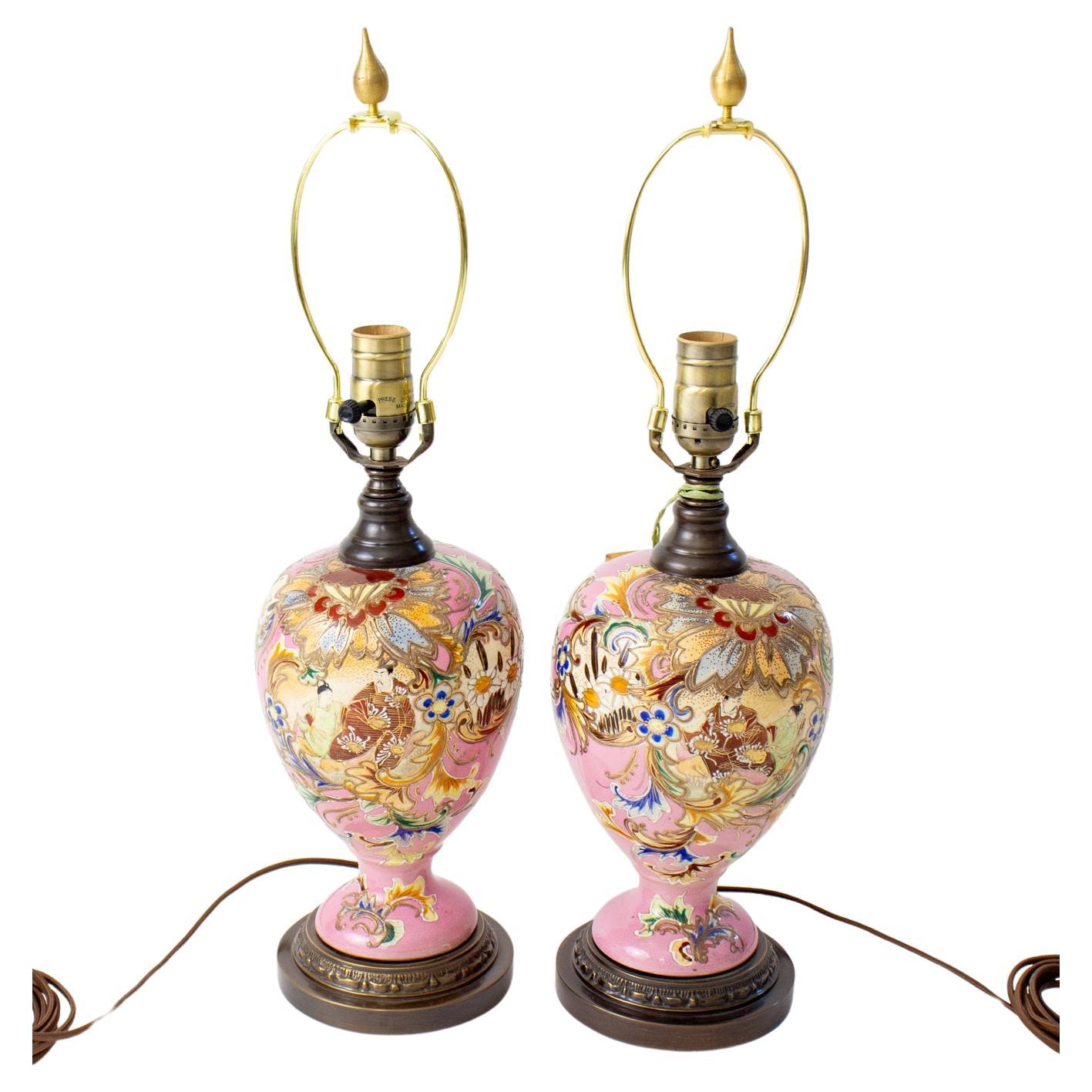 Paire de lampes de table Maximalist Satsuma rose du début du 20e siècle en vente