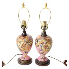 Antique Early 20th Century Maximalist Pink Satsuma Table Lamps - a Pair