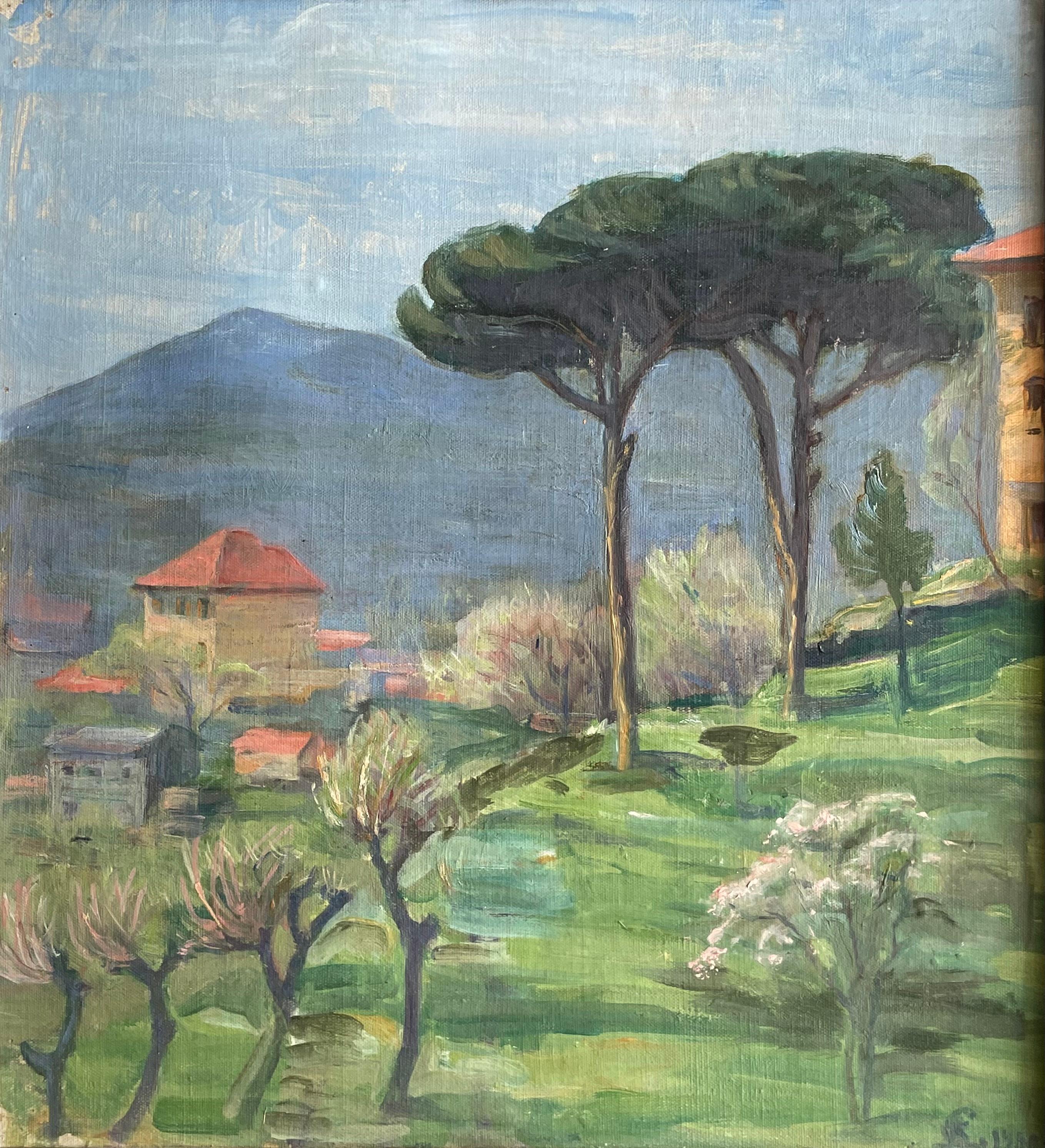 Charmante huile sur toile du début du XXe siècle représentant une scène de colline méditerranéenne avec des cyprès et des arbres en fleurs, des villas aux toits rouges et des montagnes lointaines sous un ciel bleu doux. Le coup de pinceau