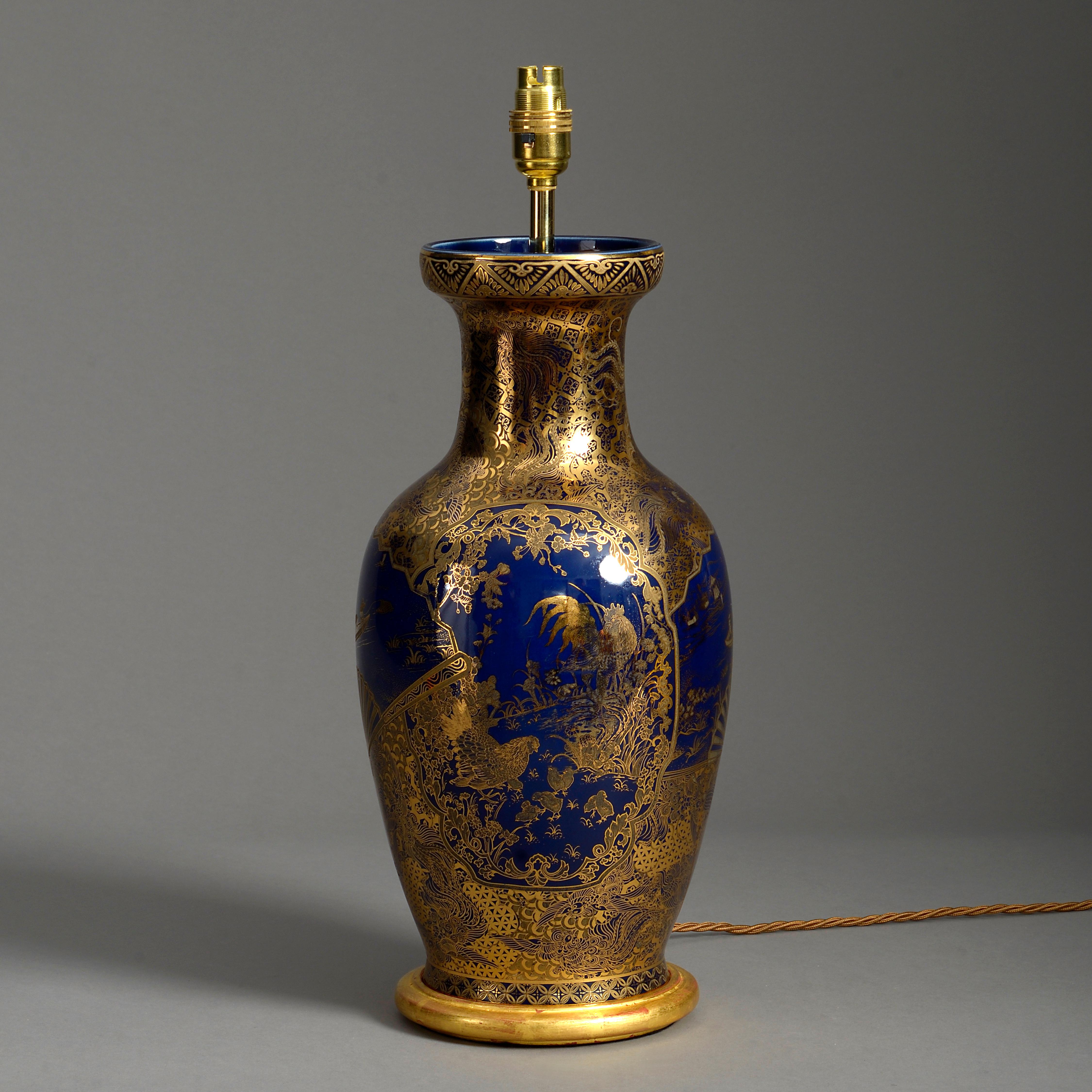 Japanese Early 20th Century Meiji Blue and Gold Glazed Baluster Vase Lamp For Sale