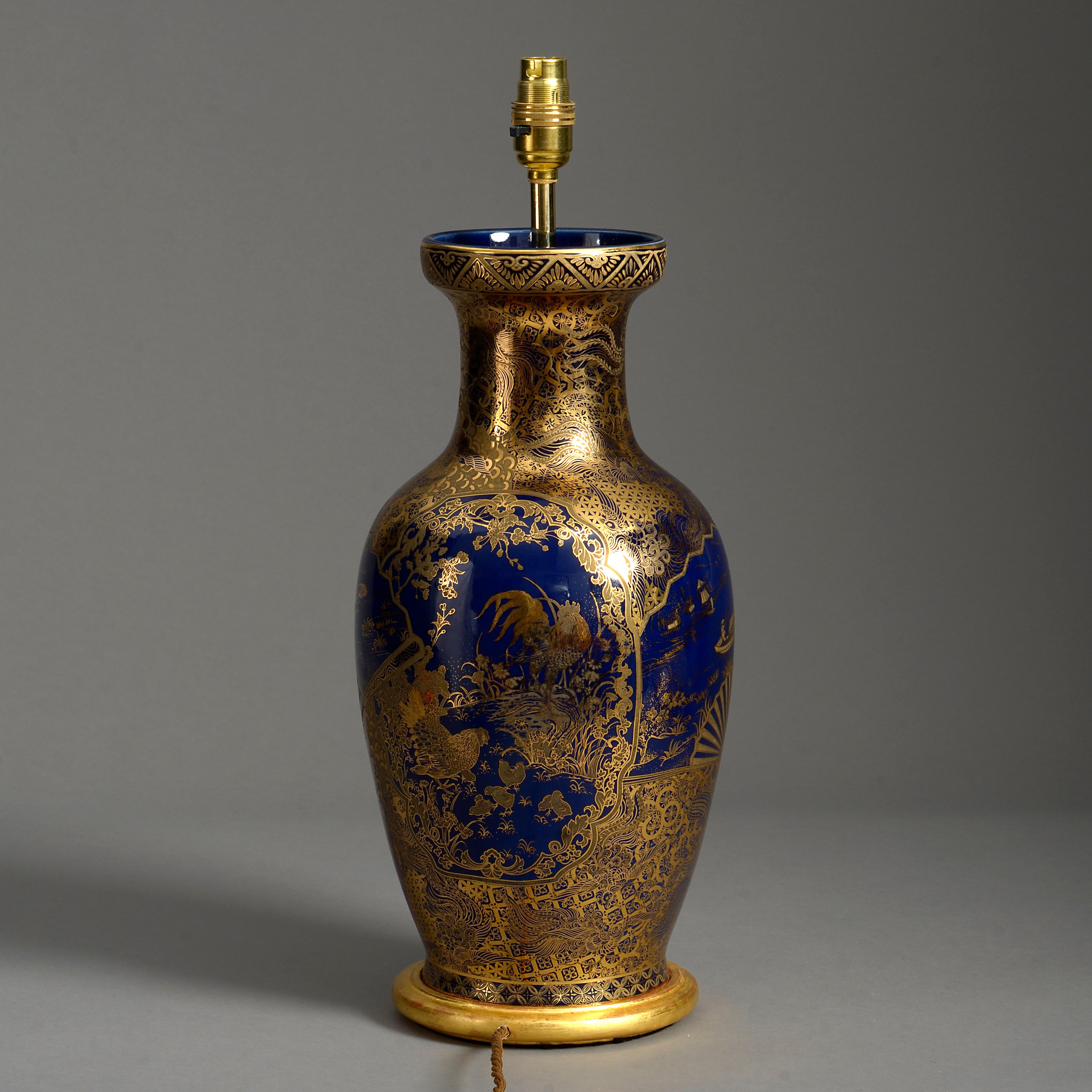 Gilt Early 20th Century Meiji Blue and Gold Glazed Baluster Vase Lamp For Sale