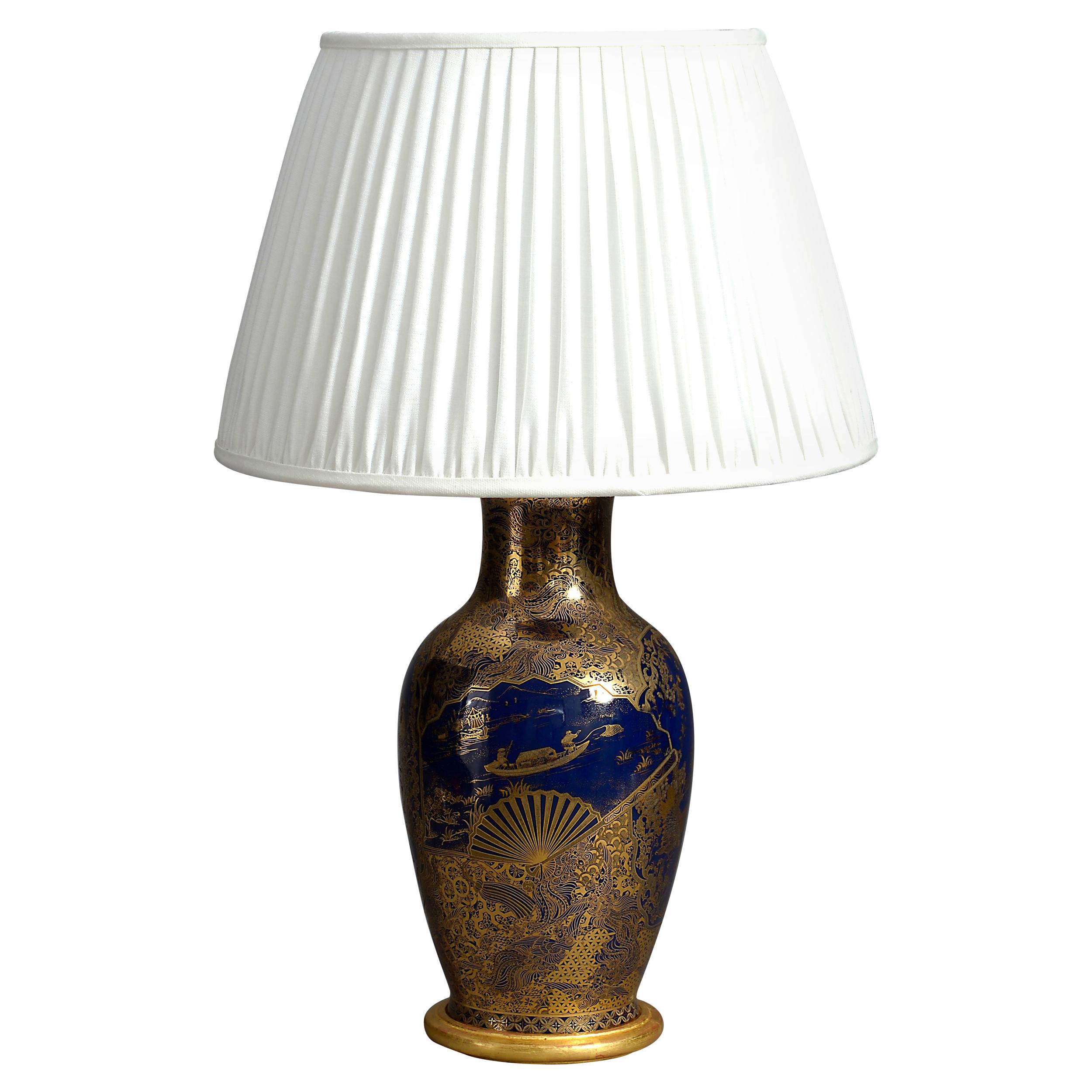 Early 20th Century Meiji Blue and Gold Glazed Baluster Vase Lamp For Sale