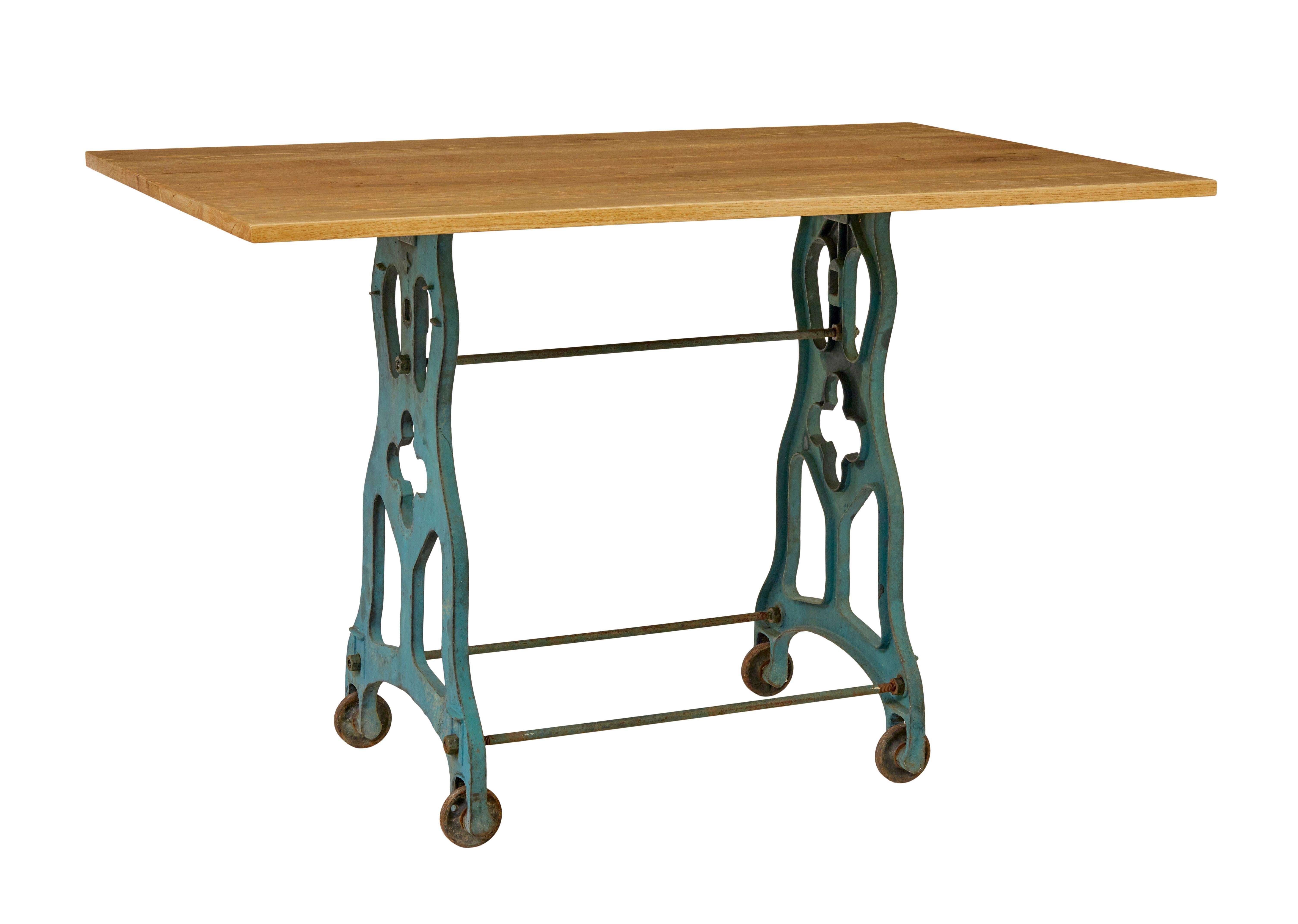 Industriale Early 20th century metal table base with solid oak top in vendita