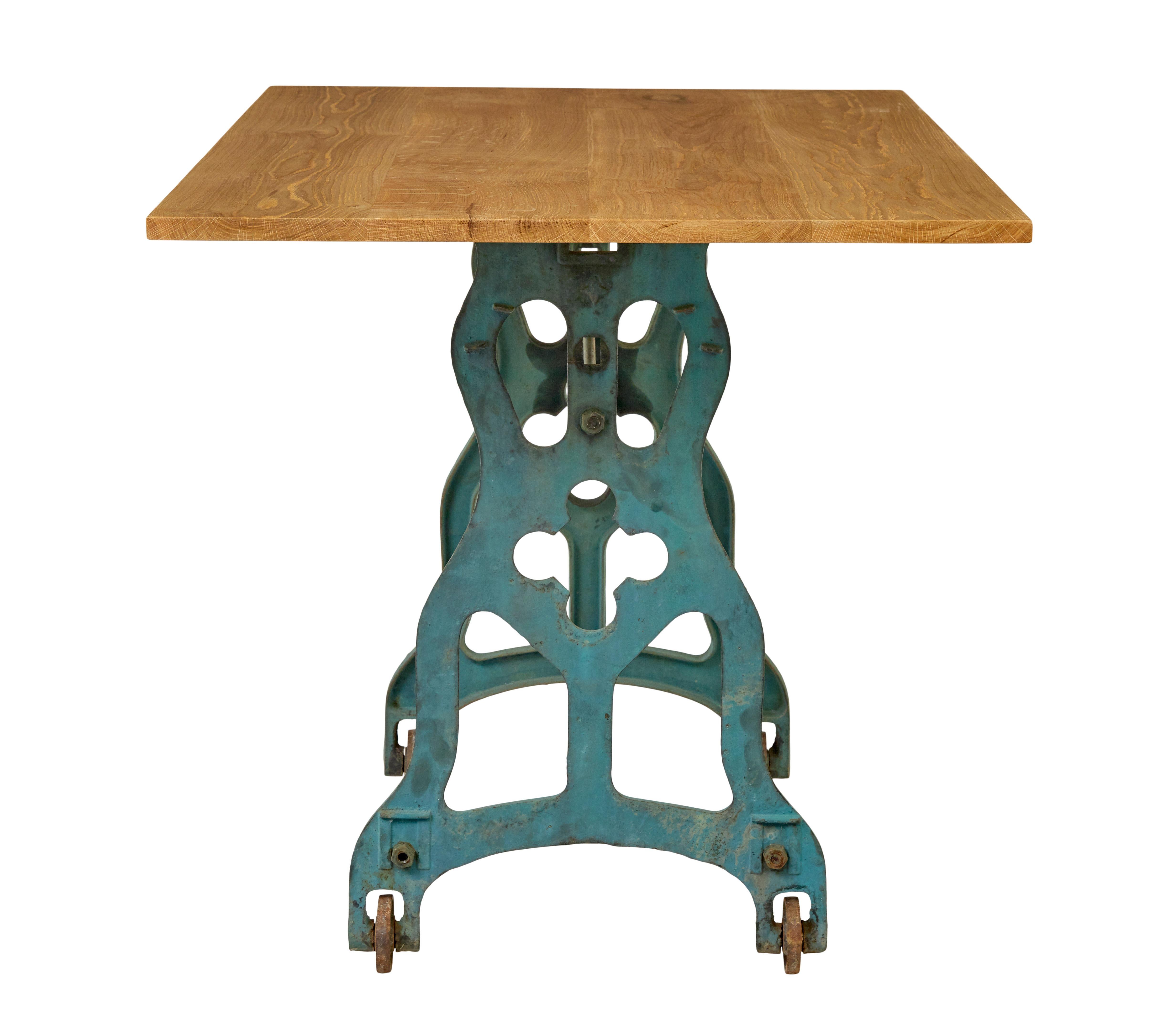 English Early 20th century metal table base with solid oak top