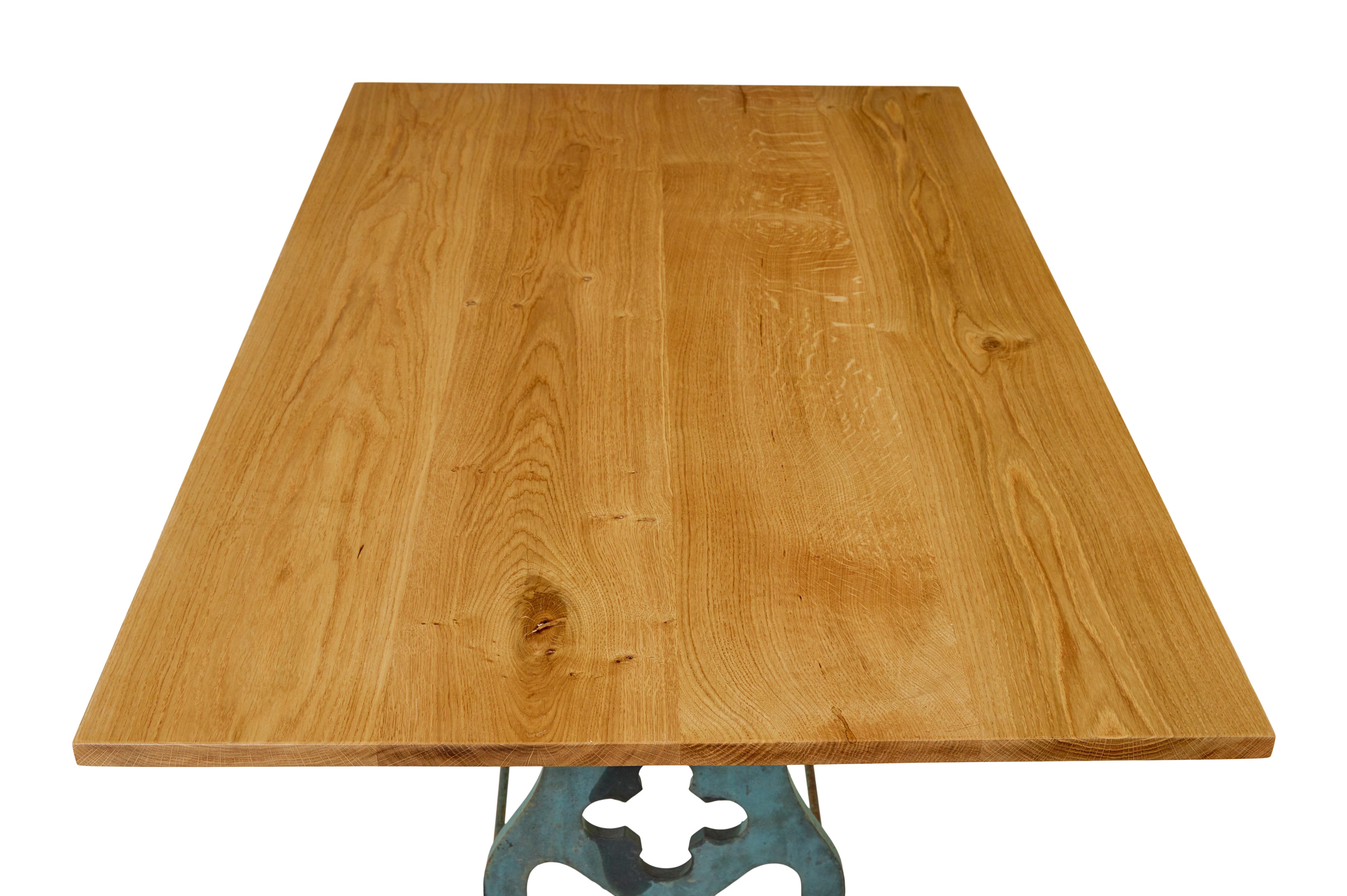 Early 20th century metal table base with solid oak top In Good Condition In Debenham, Suffolk