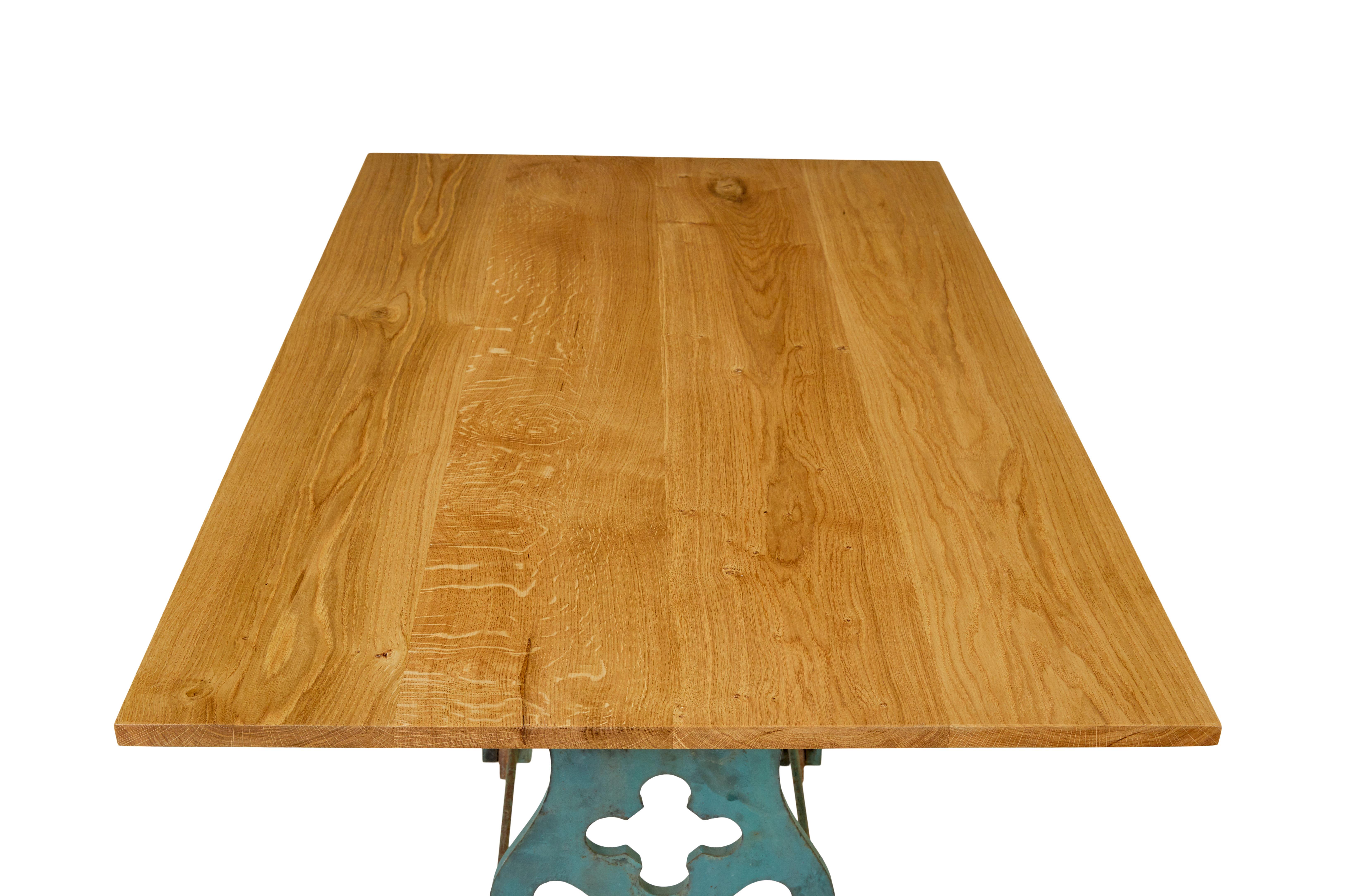 20th Century Early 20th century metal table base with solid oak top
