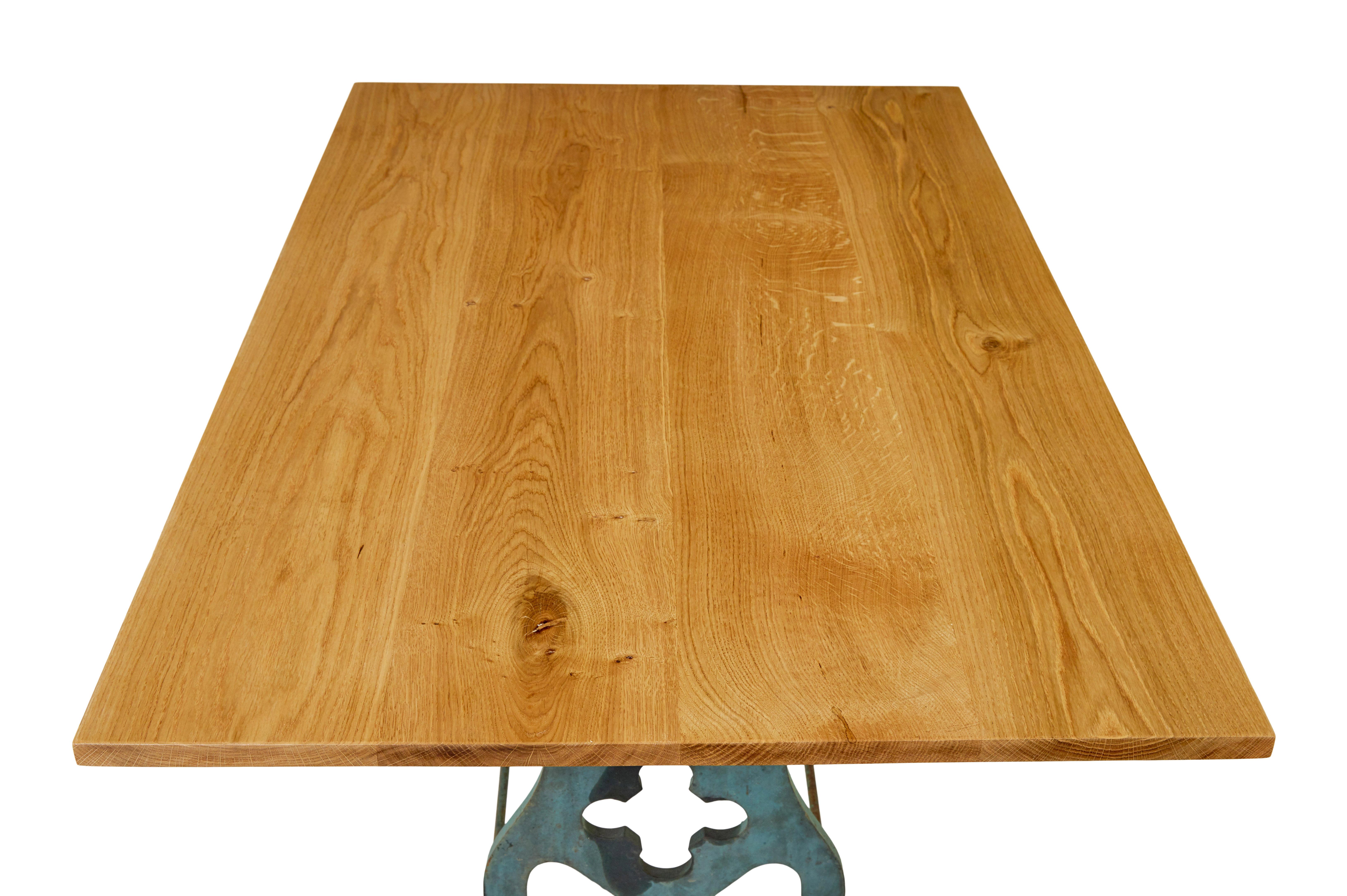 XX secolo Early 20th century metal table base with solid oak top in vendita