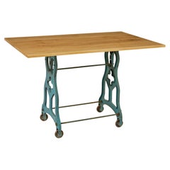 Antique Early 20th century metal table base with solid oak top