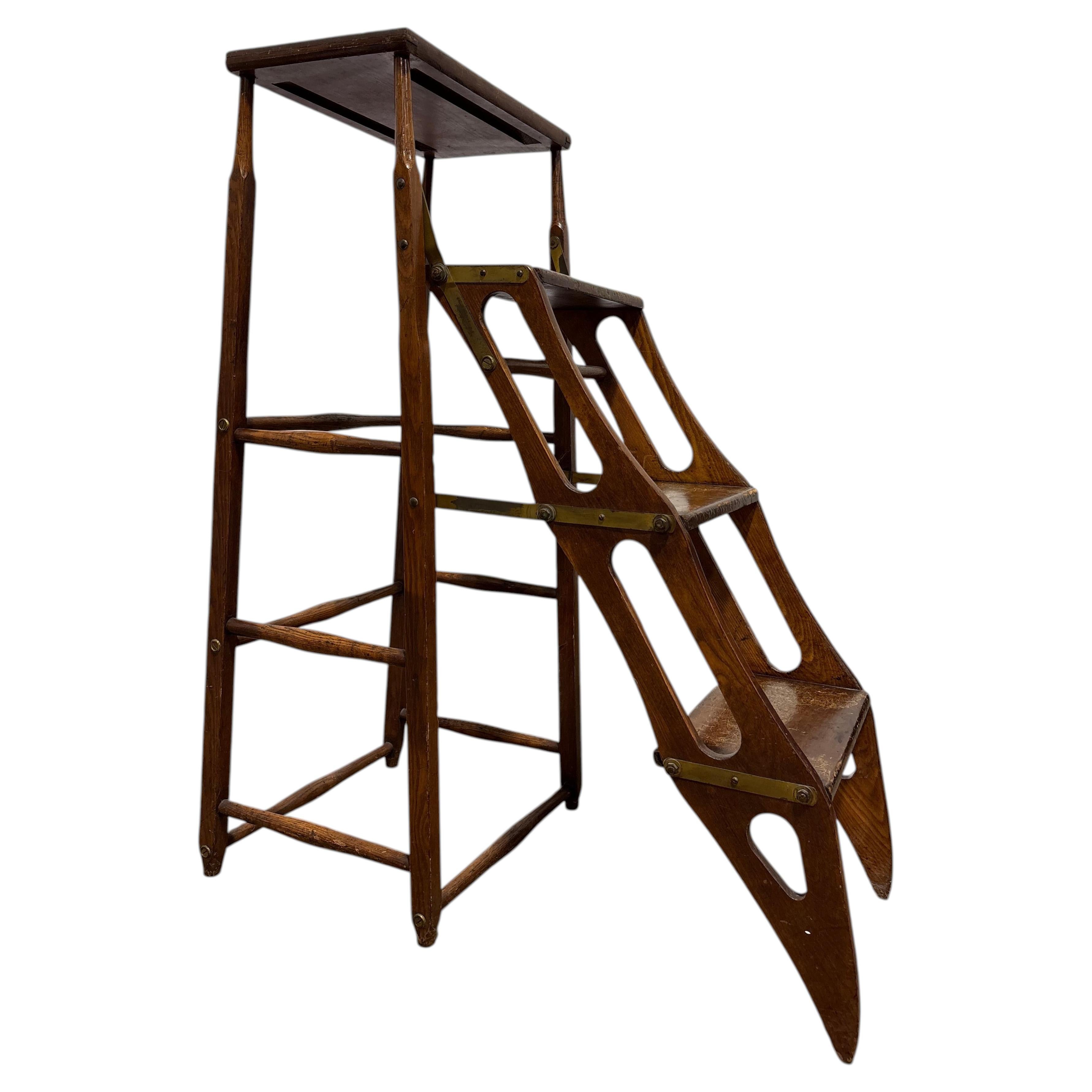 Early 20th Century Metamorphic Library Step Ladder w/ Exposed Brass Hardware