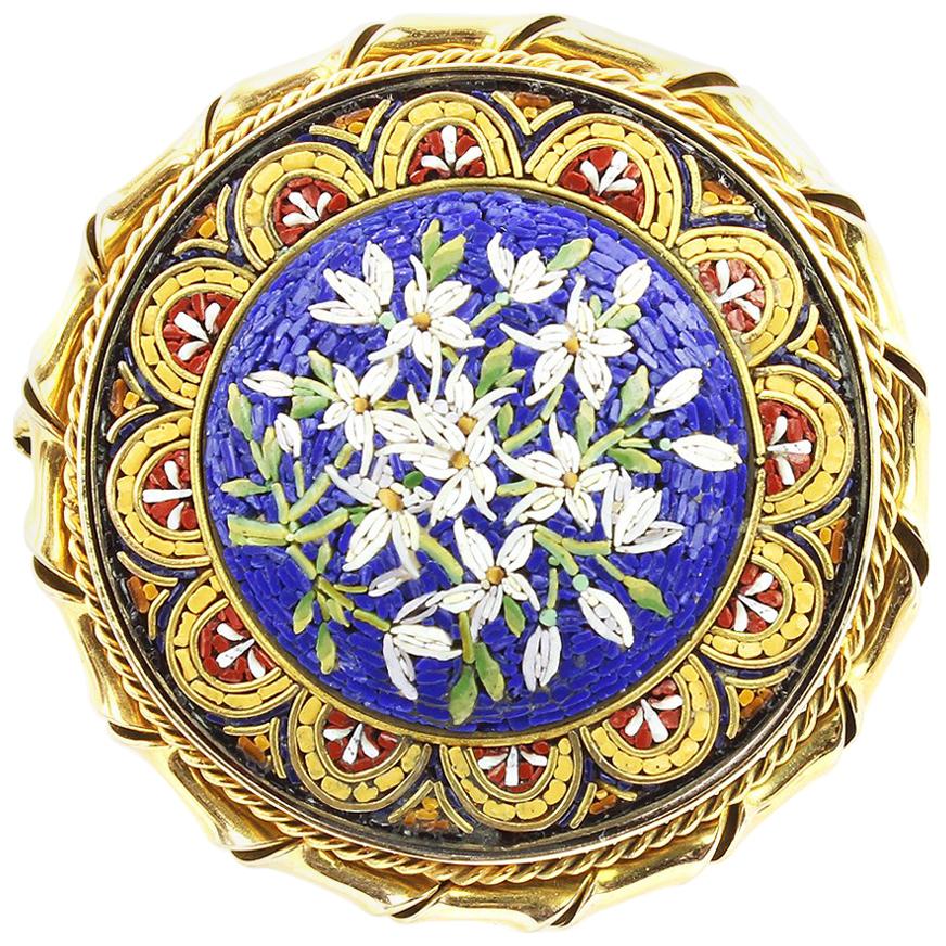 Early 20th Century Micro Mosaic Gold Flower Brooch or Pendant  For Sale