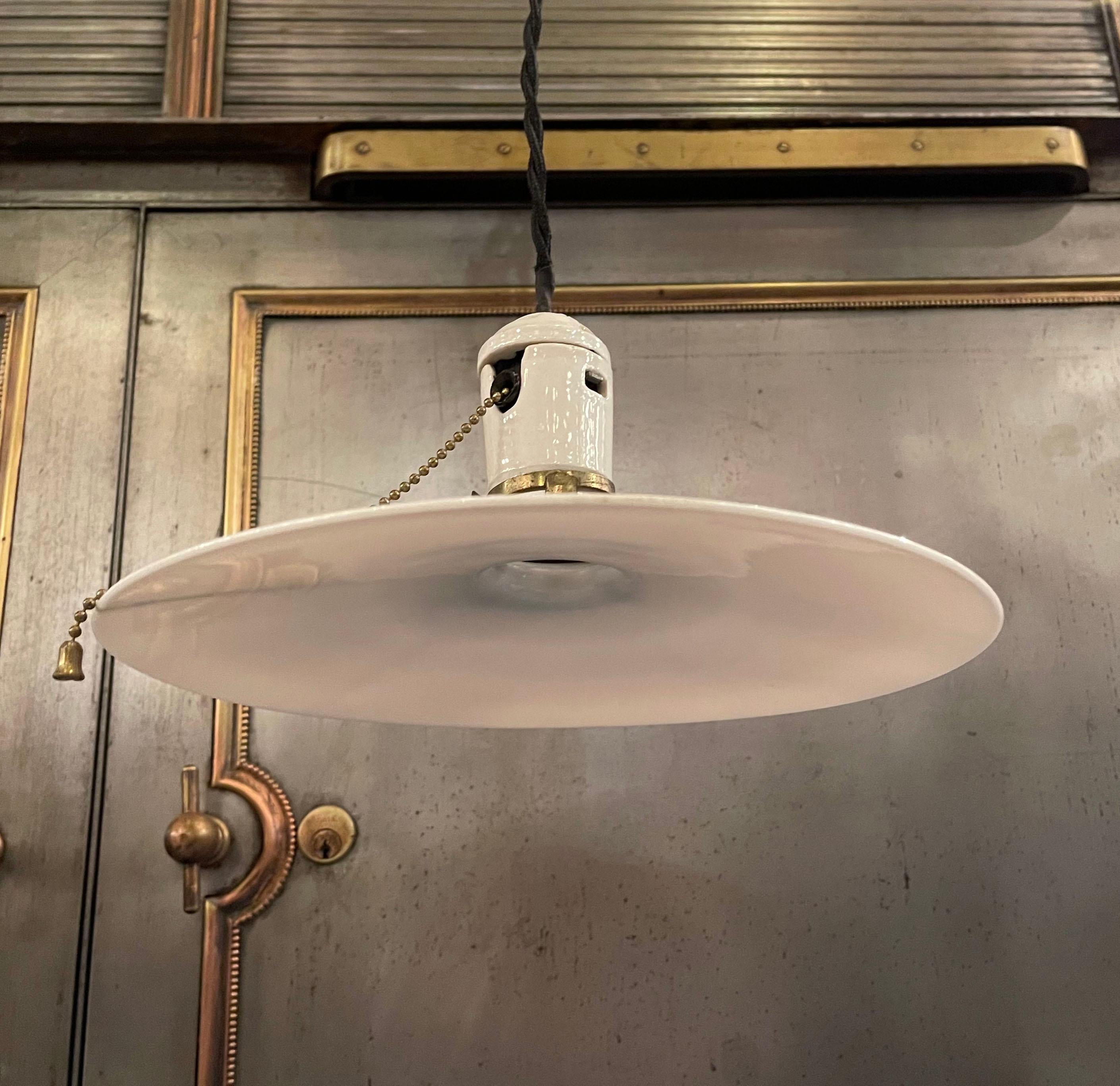 Early 20th Century Milk Glass Disc Pendant Light In Good Condition In Brooklyn, NY