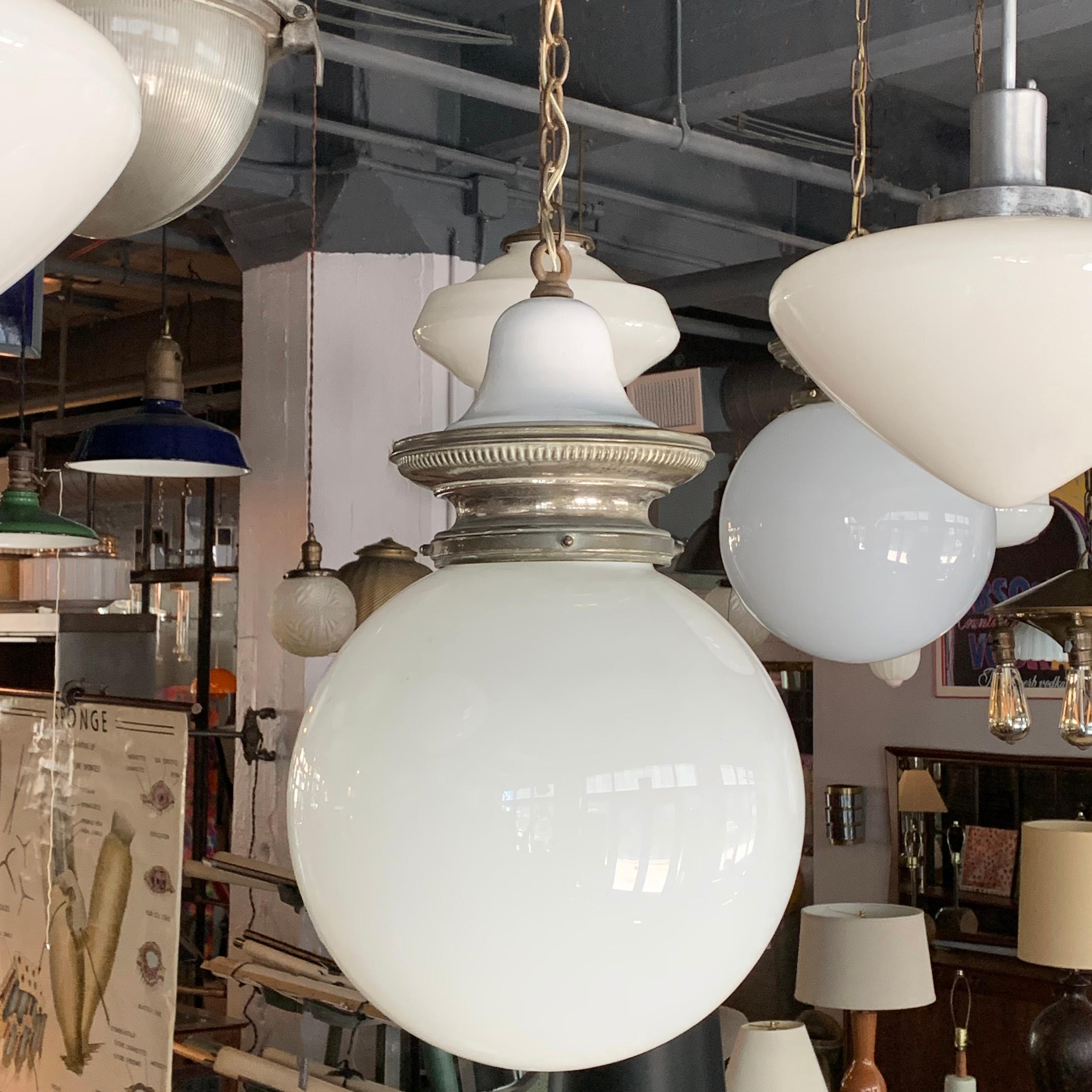 Industrial Early 20th Century Milk Glass Globe Library Pendant Light For Sale