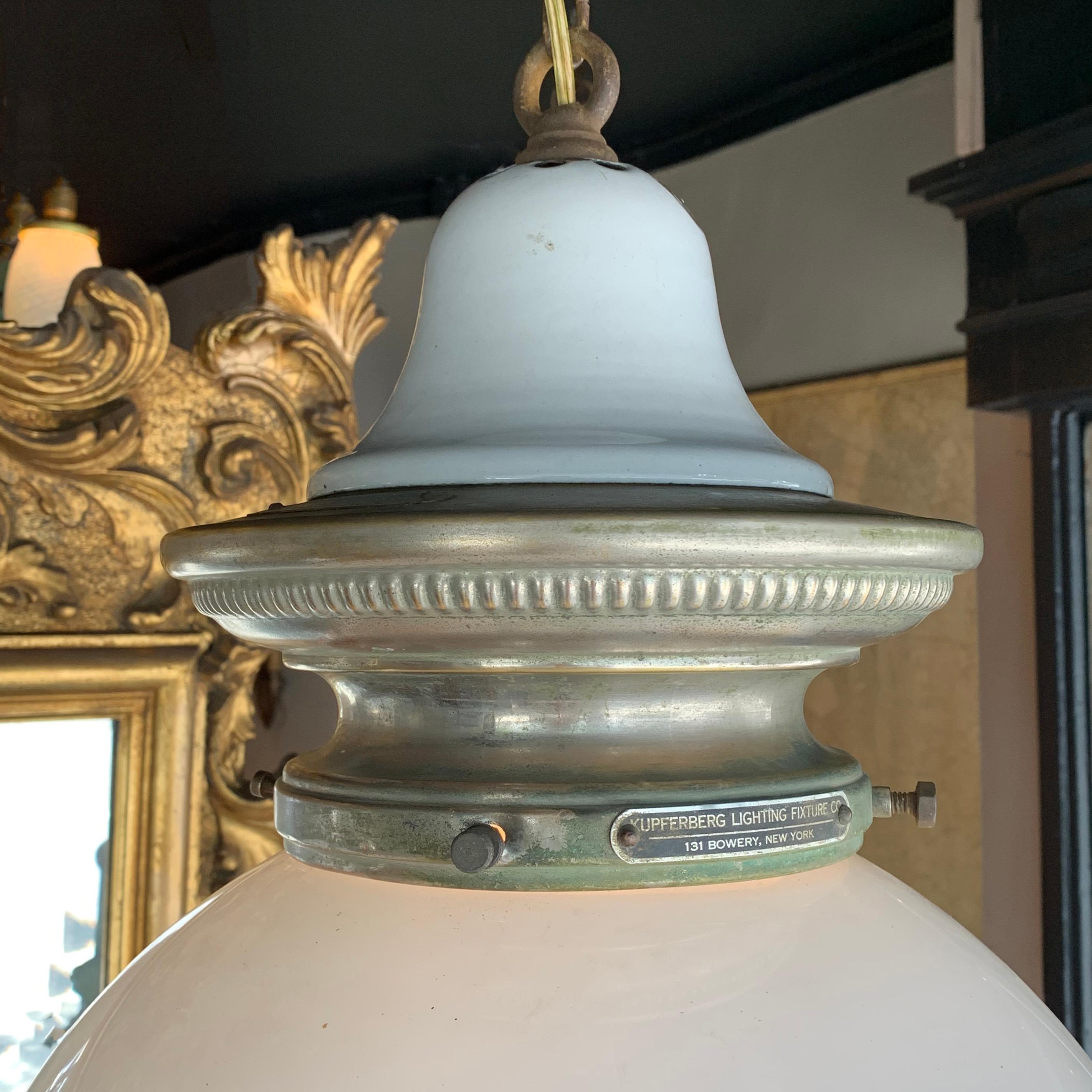 American Early 20th Century Milk Glass Globe Library Pendant Light For Sale