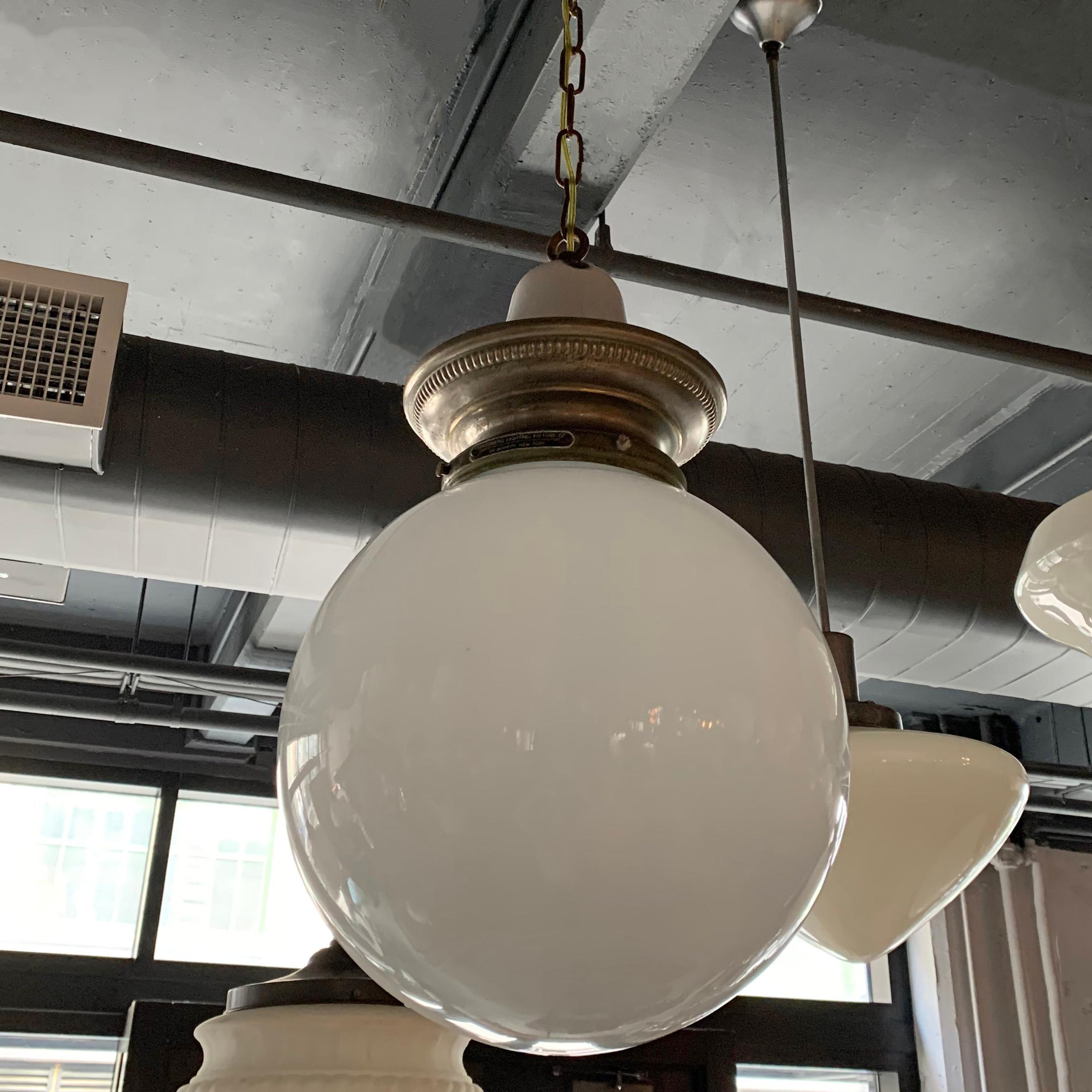 Early 20th Century Milk Glass Globe Library Pendant Light In Good Condition For Sale In Brooklyn, NY