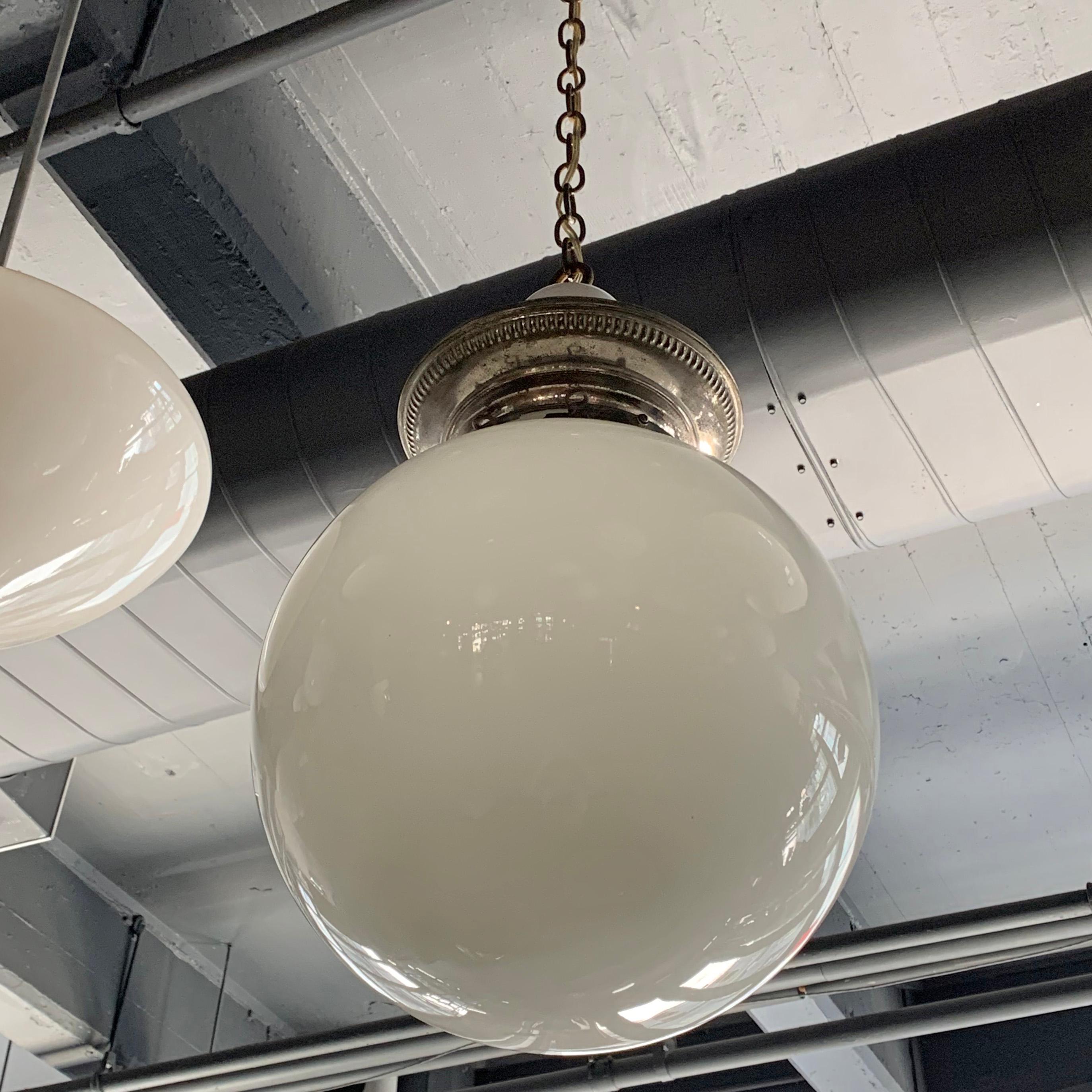 Early 20th Century Milk Glass Globe Library Pendant Light In Good Condition For Sale In Brooklyn, NY