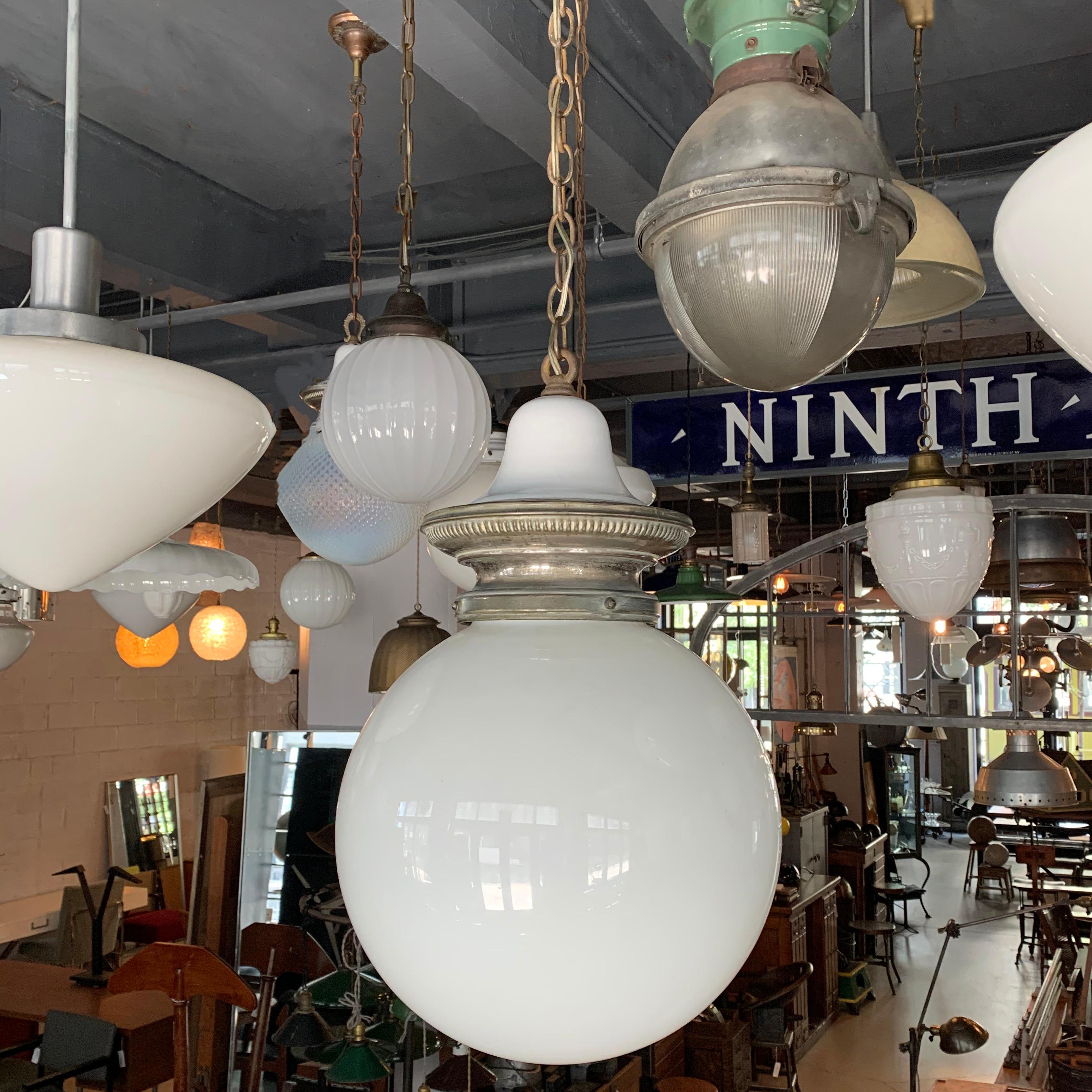 Brass Early 20th Century Milk Glass Globe Library Pendant Light For Sale