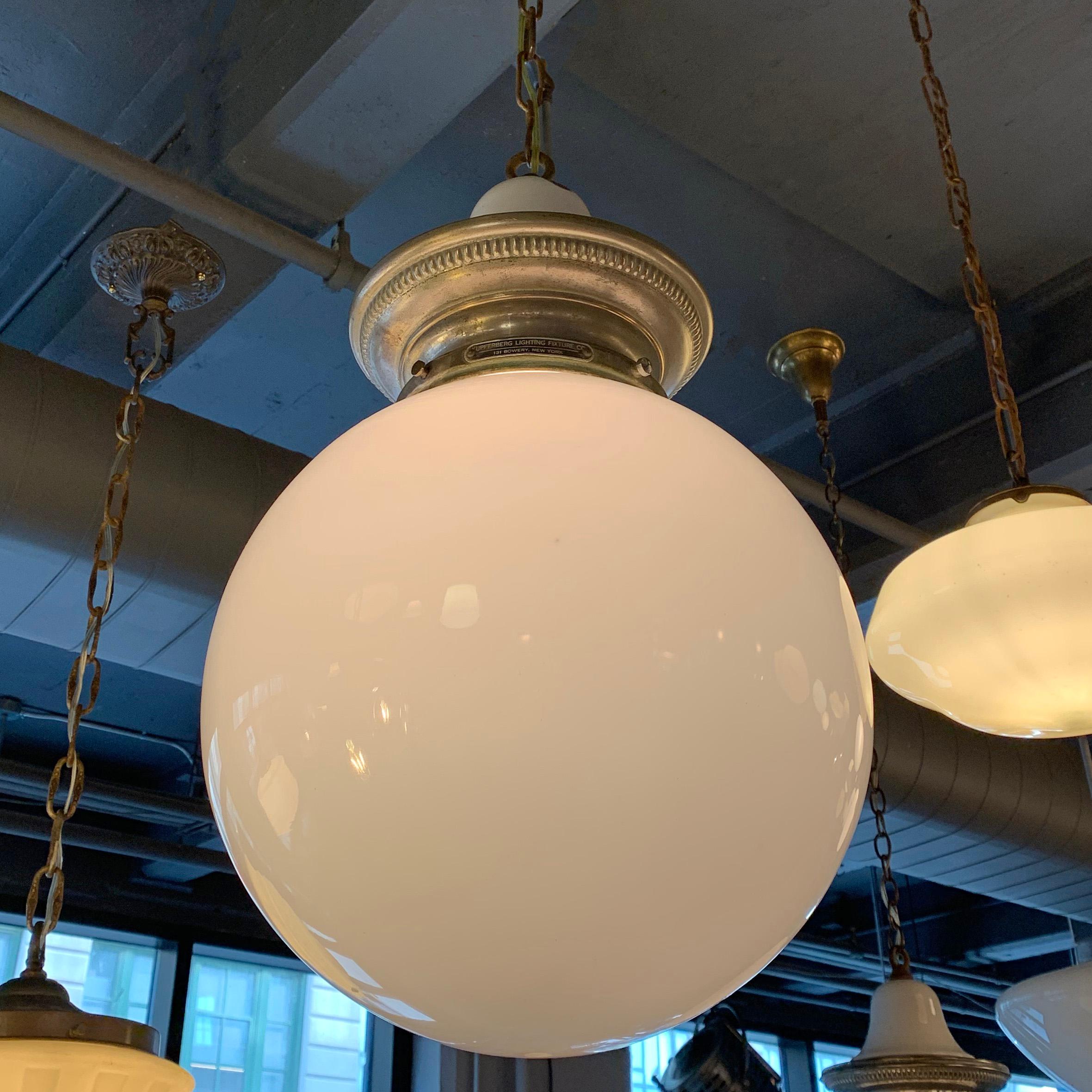 Brass Early 20th Century Milk Glass Globe Library Pendant Light For Sale