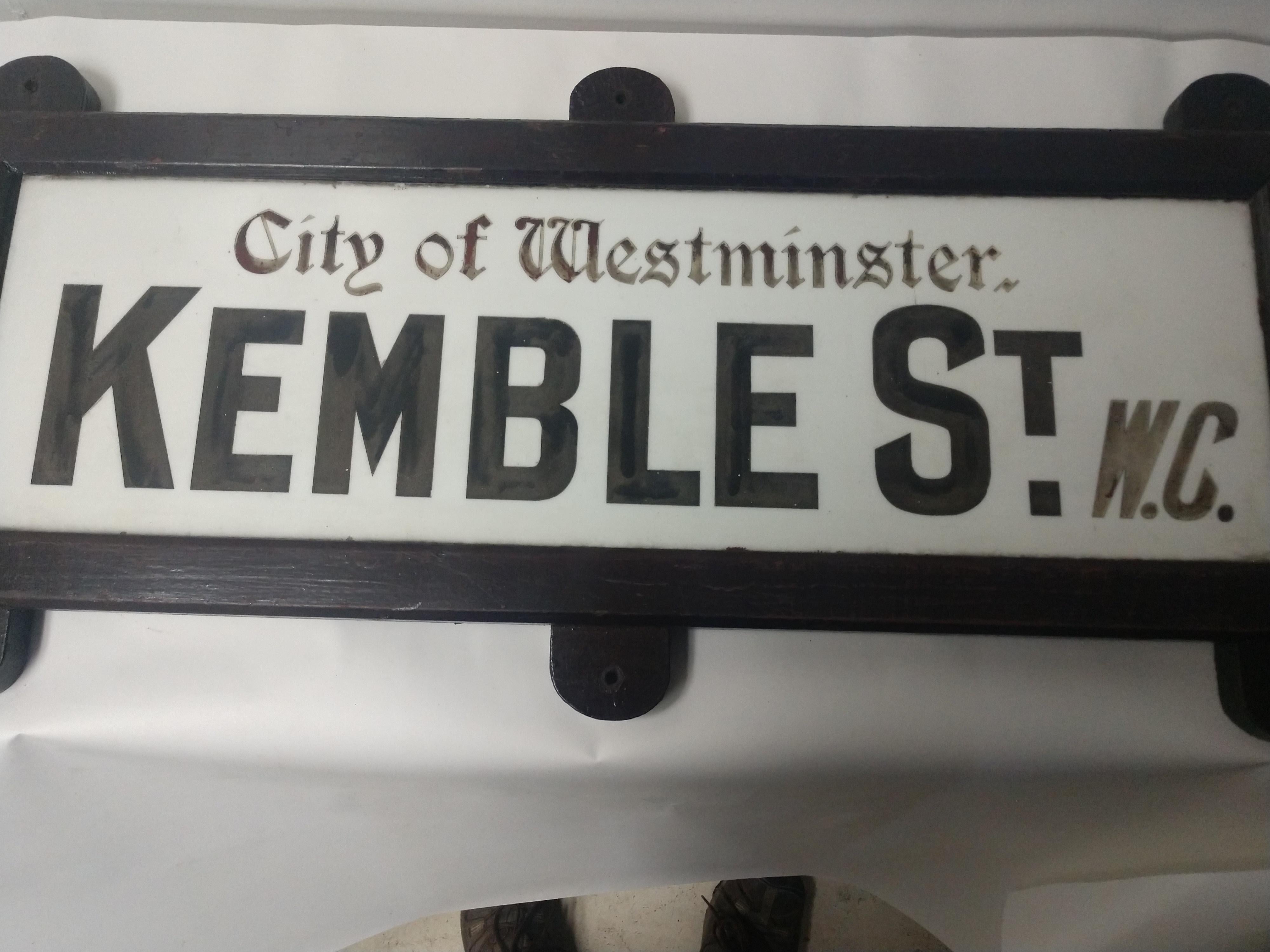 Fabulous etched milk glass street sign from the City of Westminster, England.
Original Arts & Crafts style frame in excellent vintage condition.