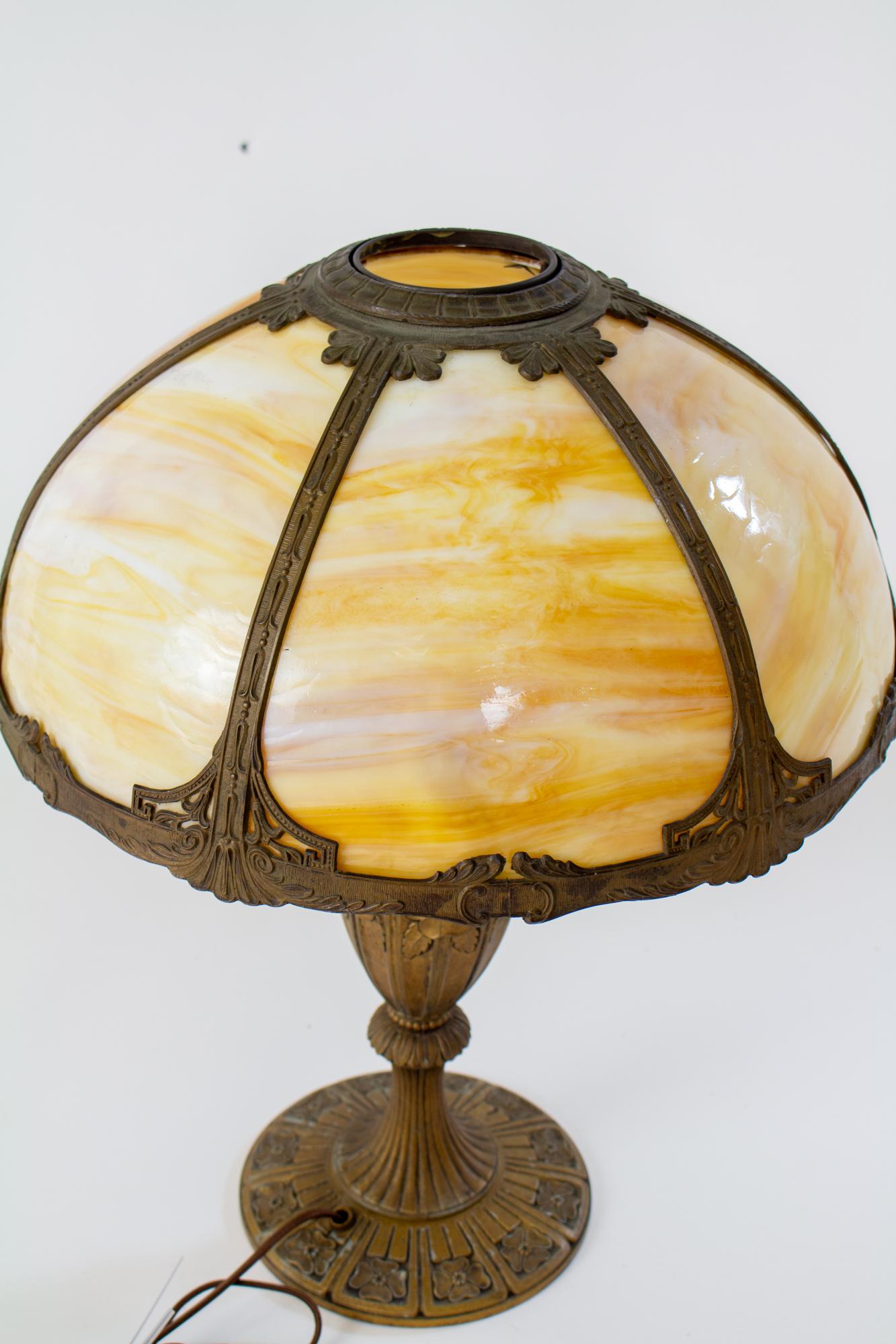 American Early 20th Century Miller Panel Lamp with Curved Caramel Glass