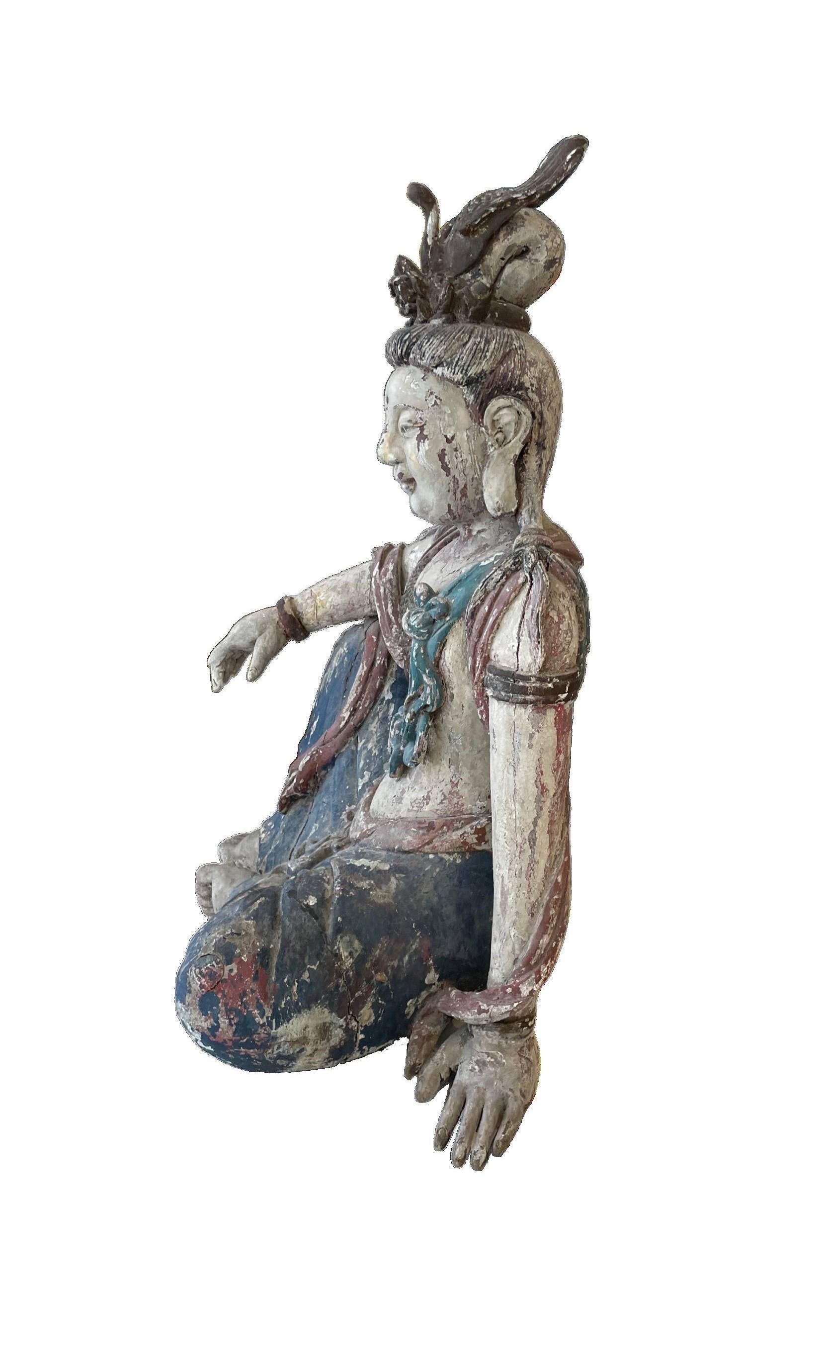 Chinese Early 20th Century Ming Dynasty-inspired Guanyin Wooden Sculpture For Sale