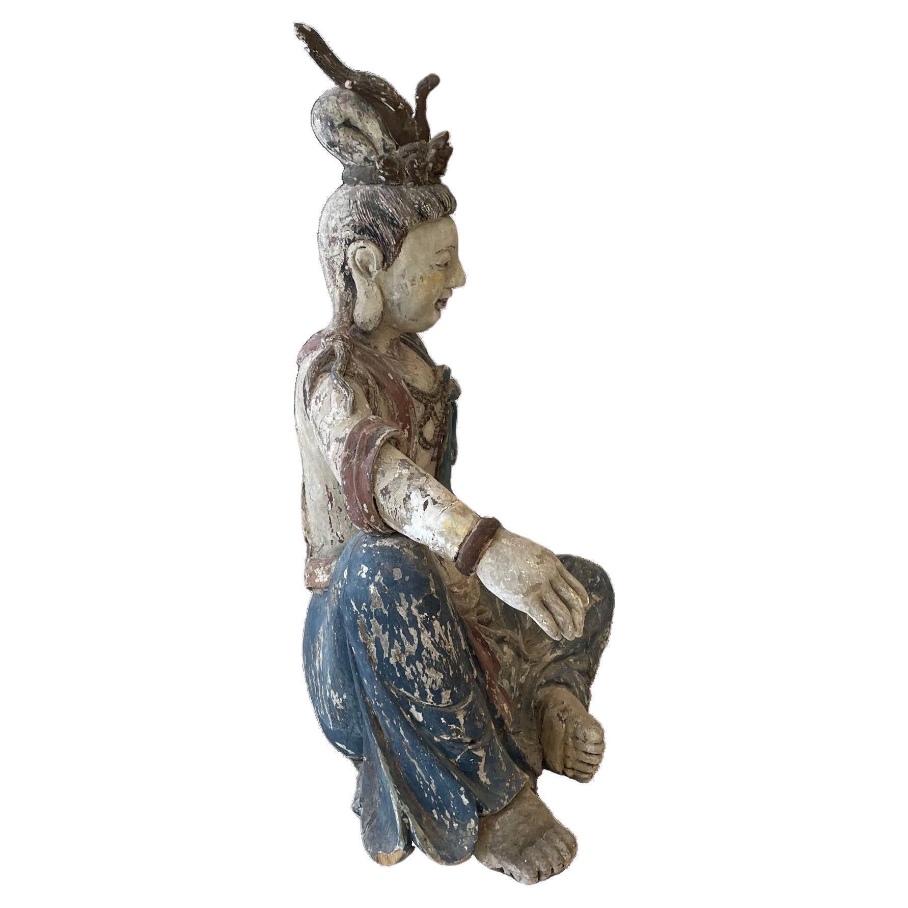 Early 20th Century Ming Dynasty-inspired Guanyin Wooden Sculpture For Sale