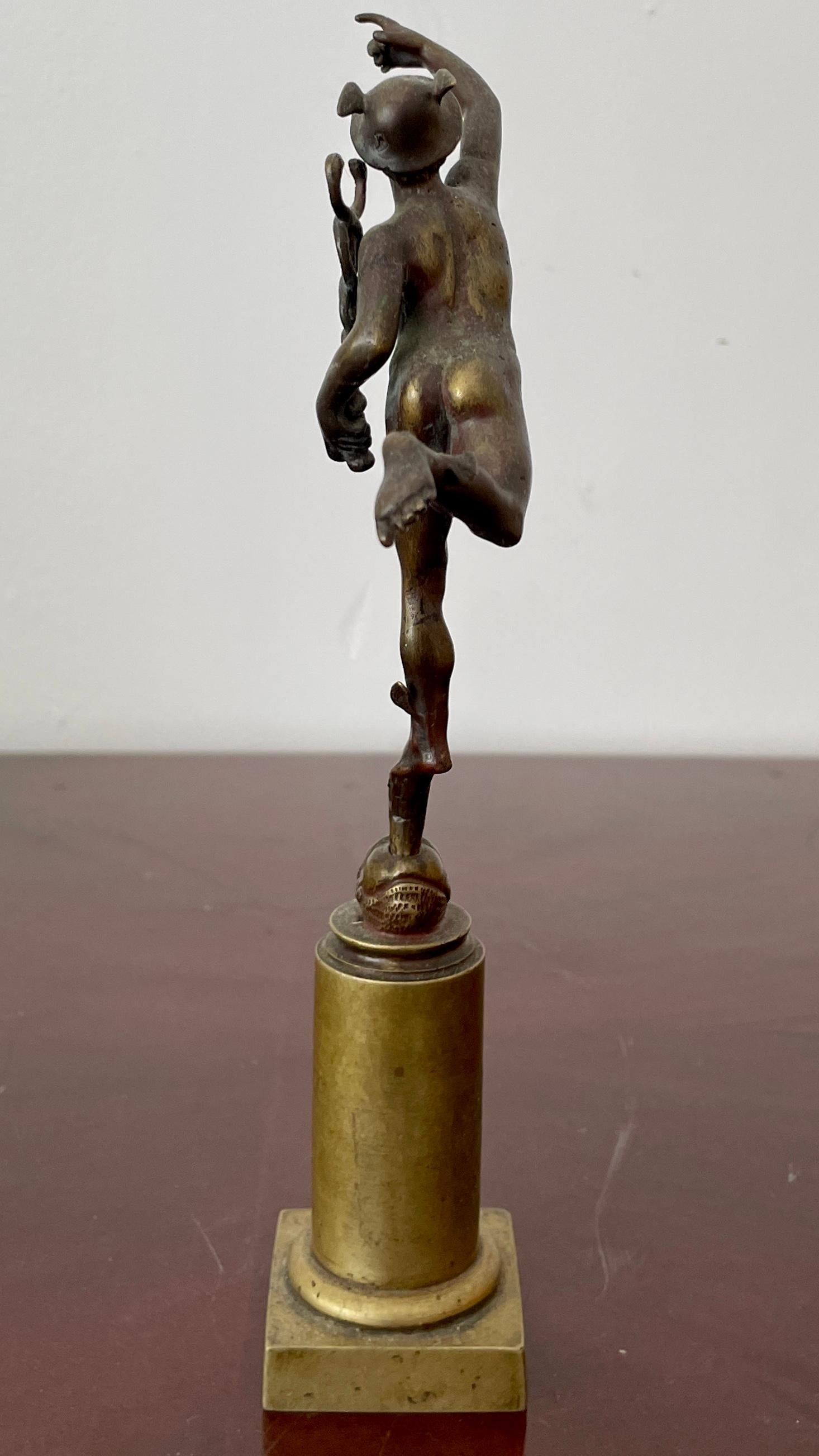 Early 20th Century Miniature Bronze Statue of Hermes with Staff In Good Condition For Sale In Los Angeles, CA