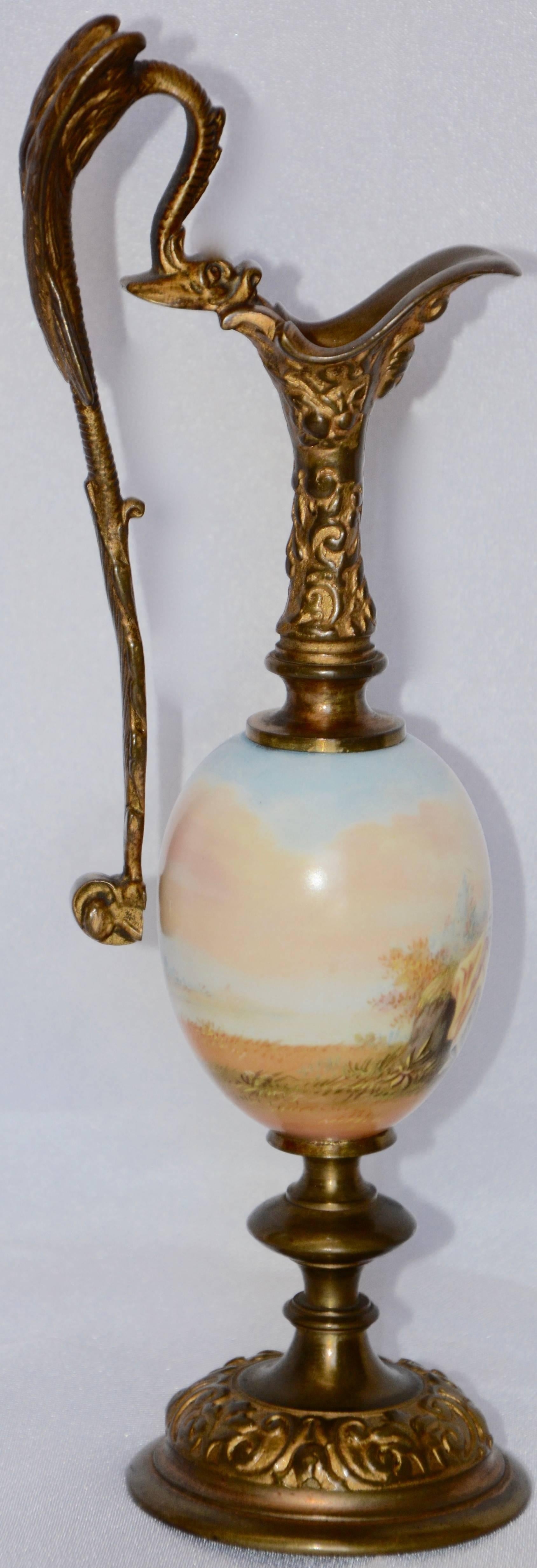 Metal Miniature Hand Painted Porcelain French Ewer, 20th Century For Sale