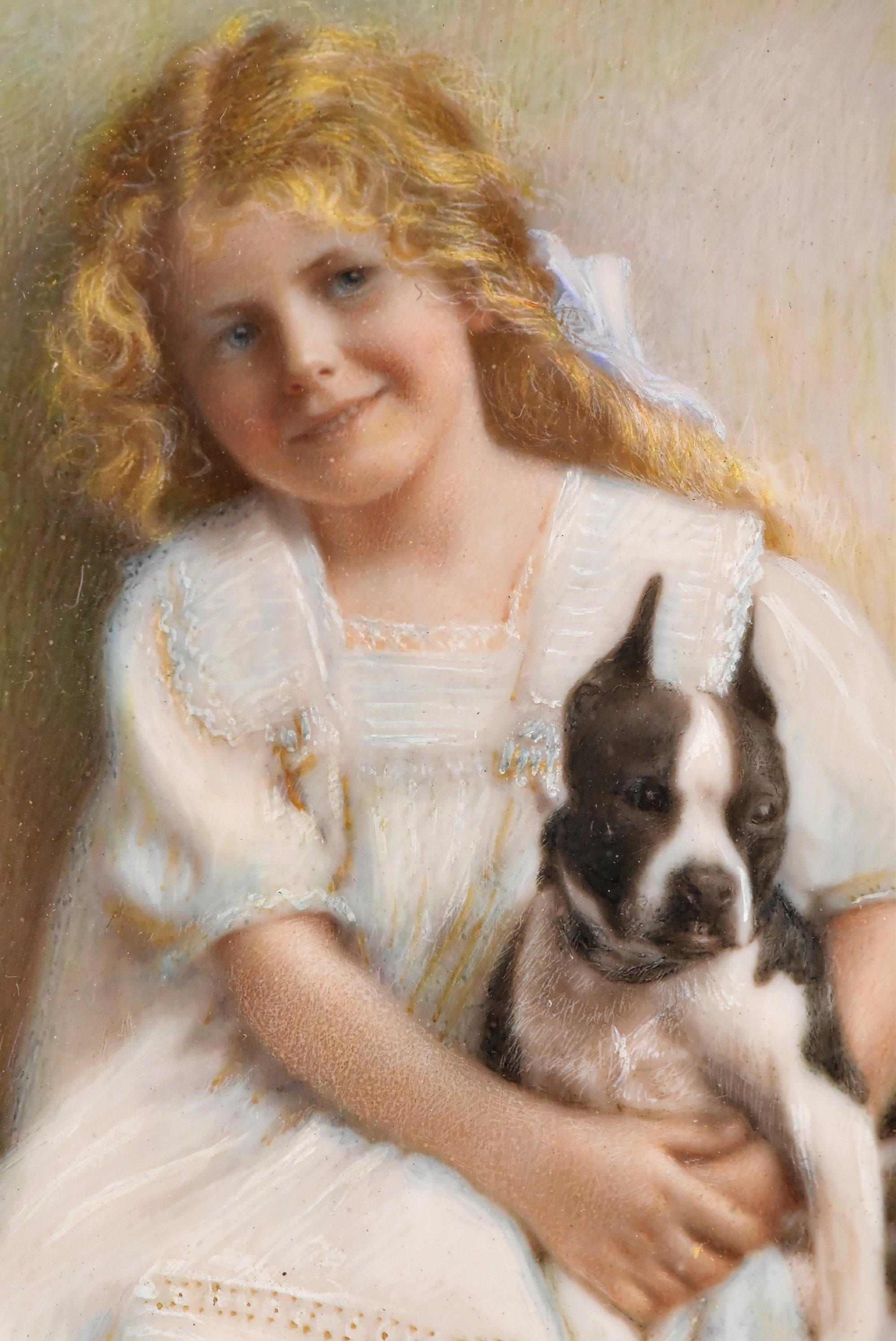 American Early 20th Century Miniature Portrait Painting of Young Girl with Terrier Dog