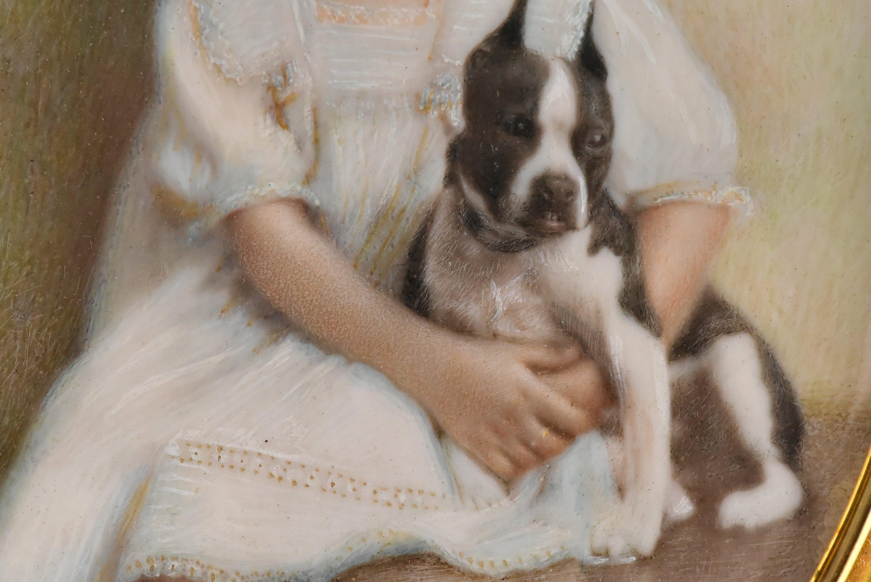 Early 20th Century Miniature Portrait Painting of Young Girl with Terrier Dog 1