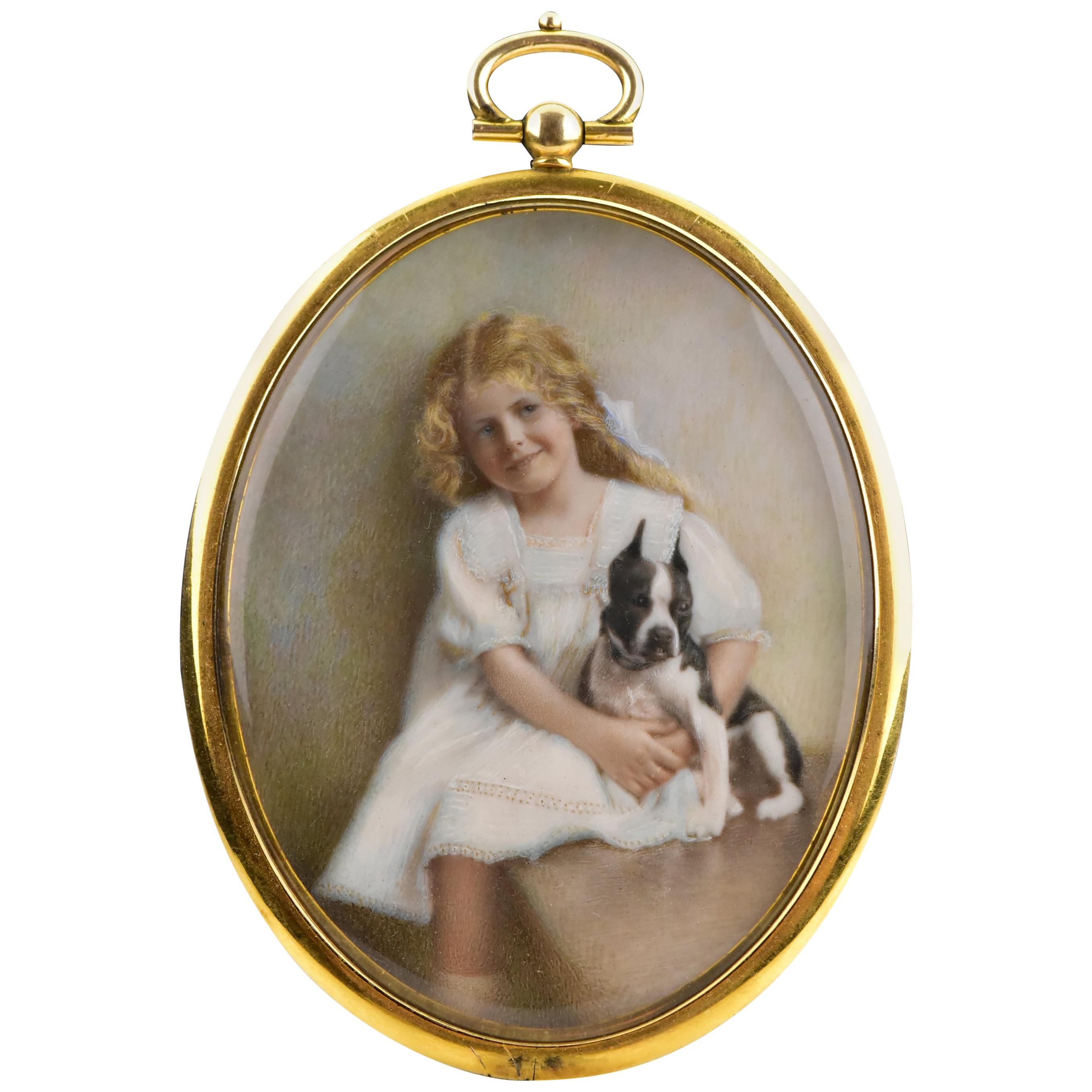 Early 20th Century Miniature Portrait Painting of Young Girl with Terrier Dog