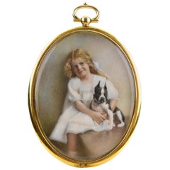 Early 20th Century Miniature Portrait Painting of Young Girl with Terrier Dog