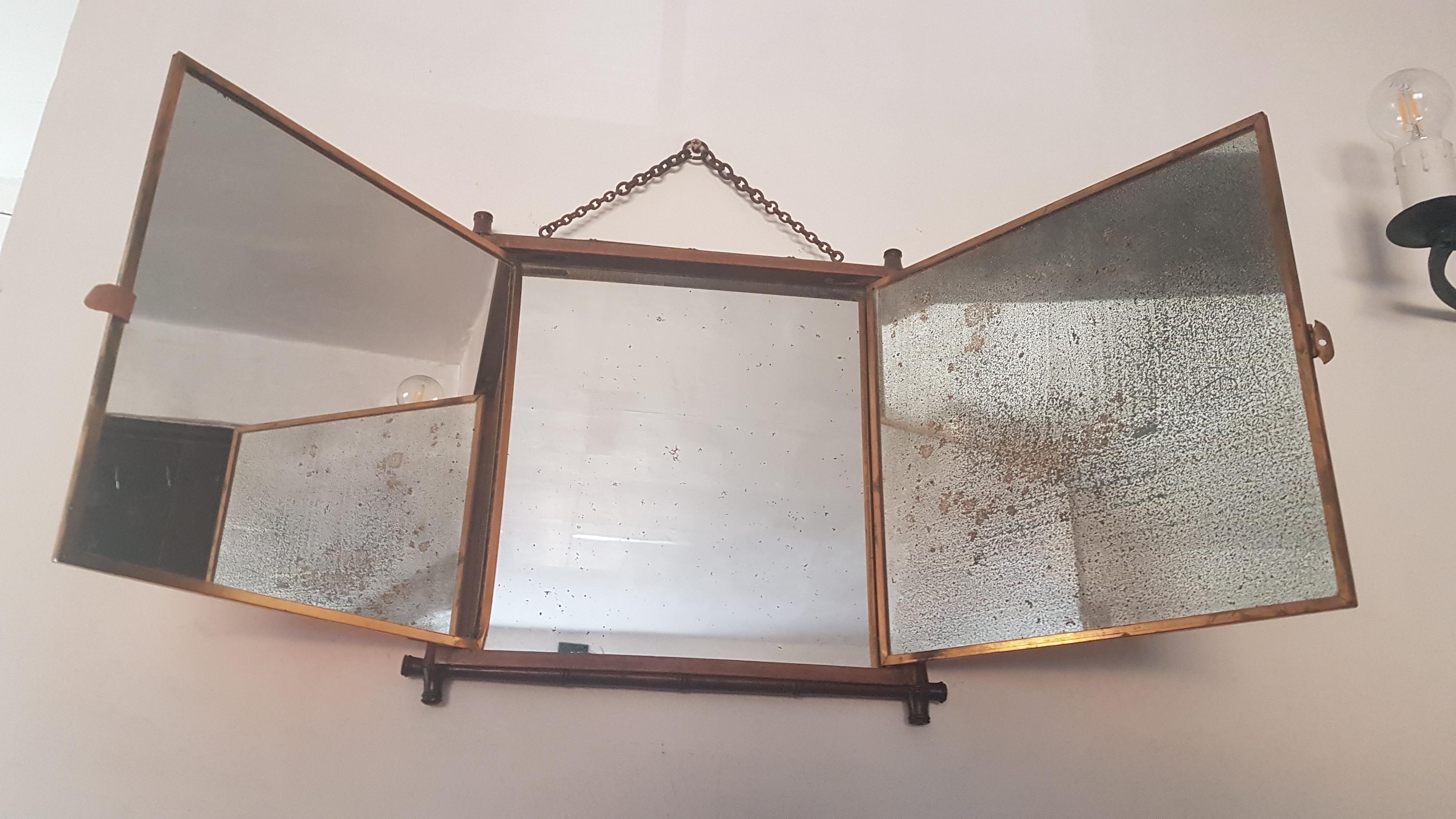 Bronze Early 20th Century Miroir Brot Faux Bamboo and Chinoiserie Tryptic Mirror For Sale