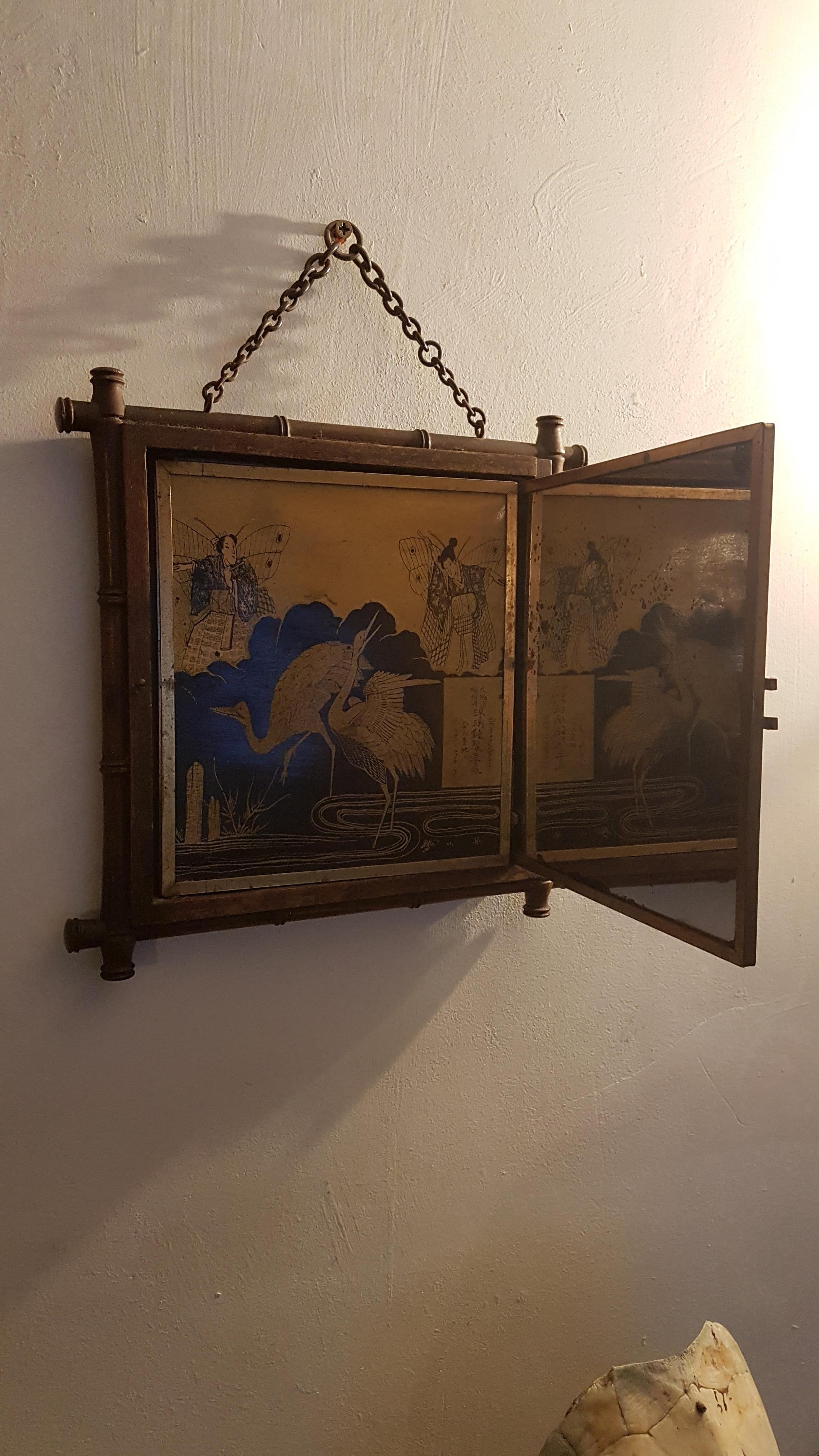 Aesthetic Movement Early 20th Century Miroir Brot Tryptic Faux Bamboo Mirror For Sale