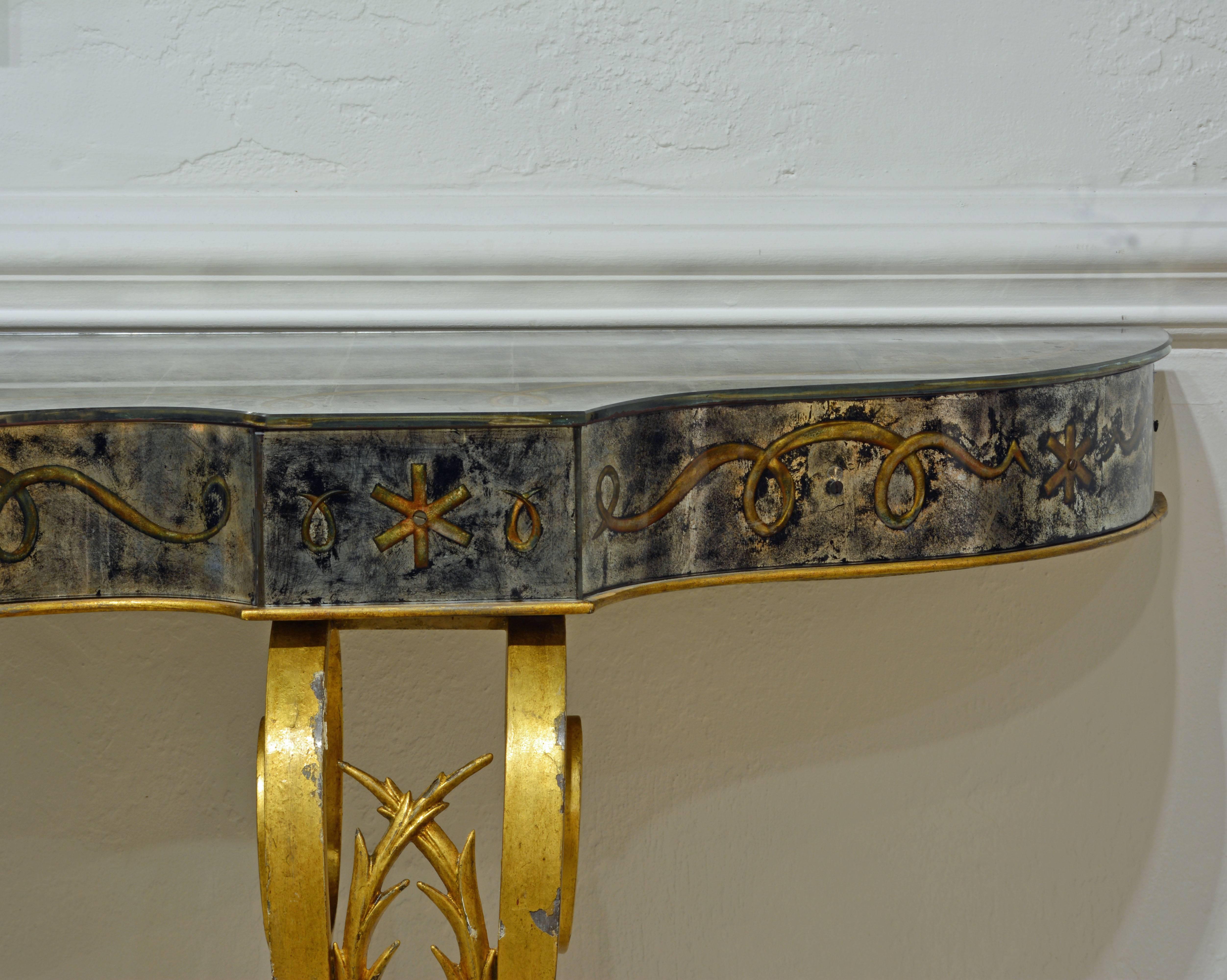 French Early 20th Century Mirrored Console Table on Gilt Frame in Raymond Subes Manner